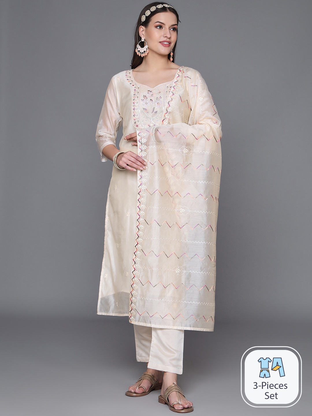 

HEEPOSH Floral Embroidered Yoke Sequined Kurta & Trousers With Dupatta, Cream