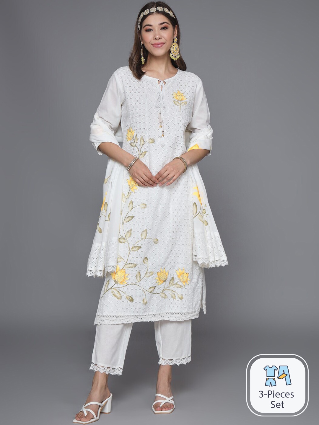 

HEEPOSH Floral Printed Sequinned Detail Pure Cotton Kurta & Trousers With Dupatta, Yellow