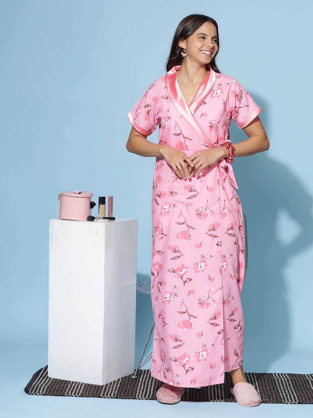 

9shines Label Floral Printed Wrap Nightdress, Pink
