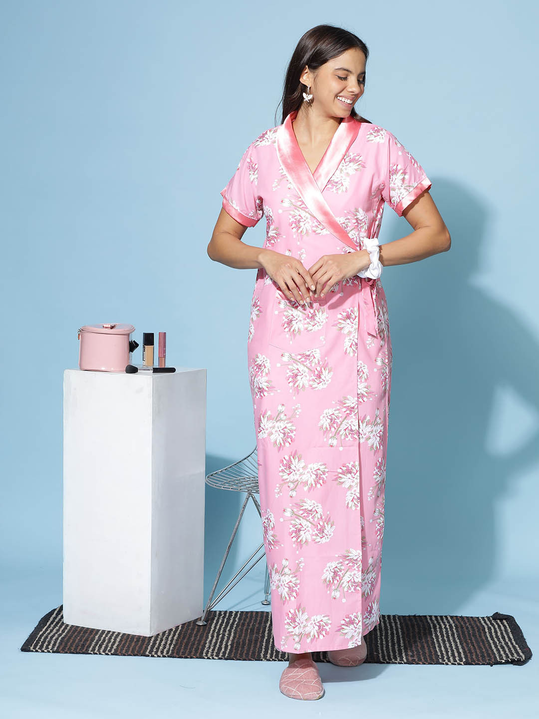 

9shines Label Floral Printed Maxi Wrap Nightdress, Pink