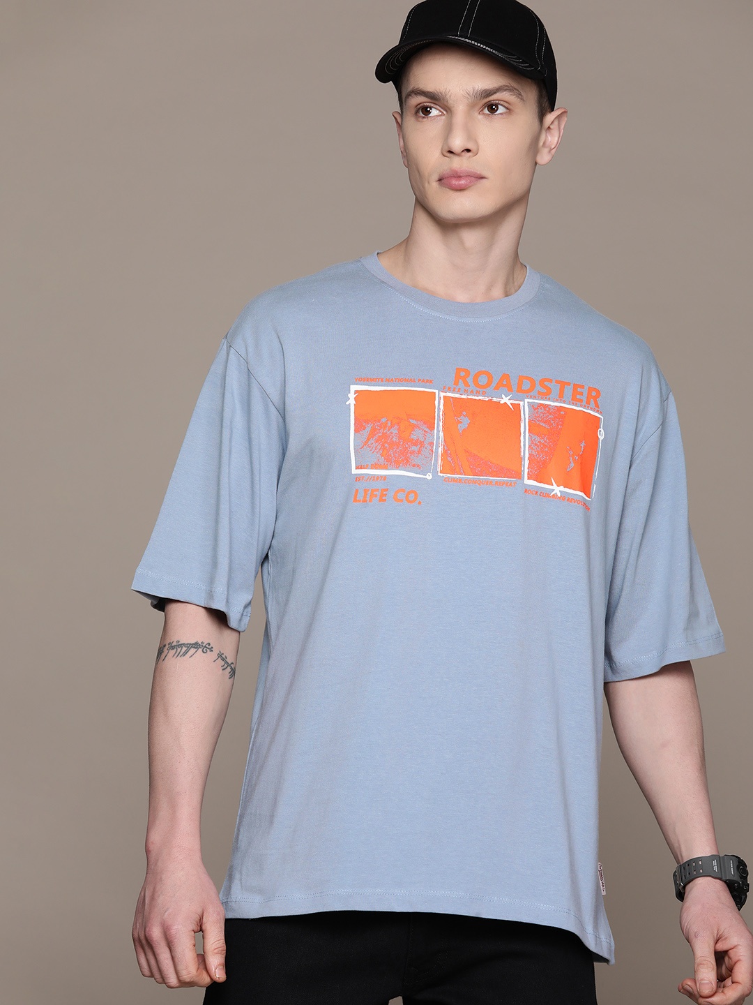 

The Roadster Lifestyle Co. Printed Pure Cotton Oversized T-shirt, Blue