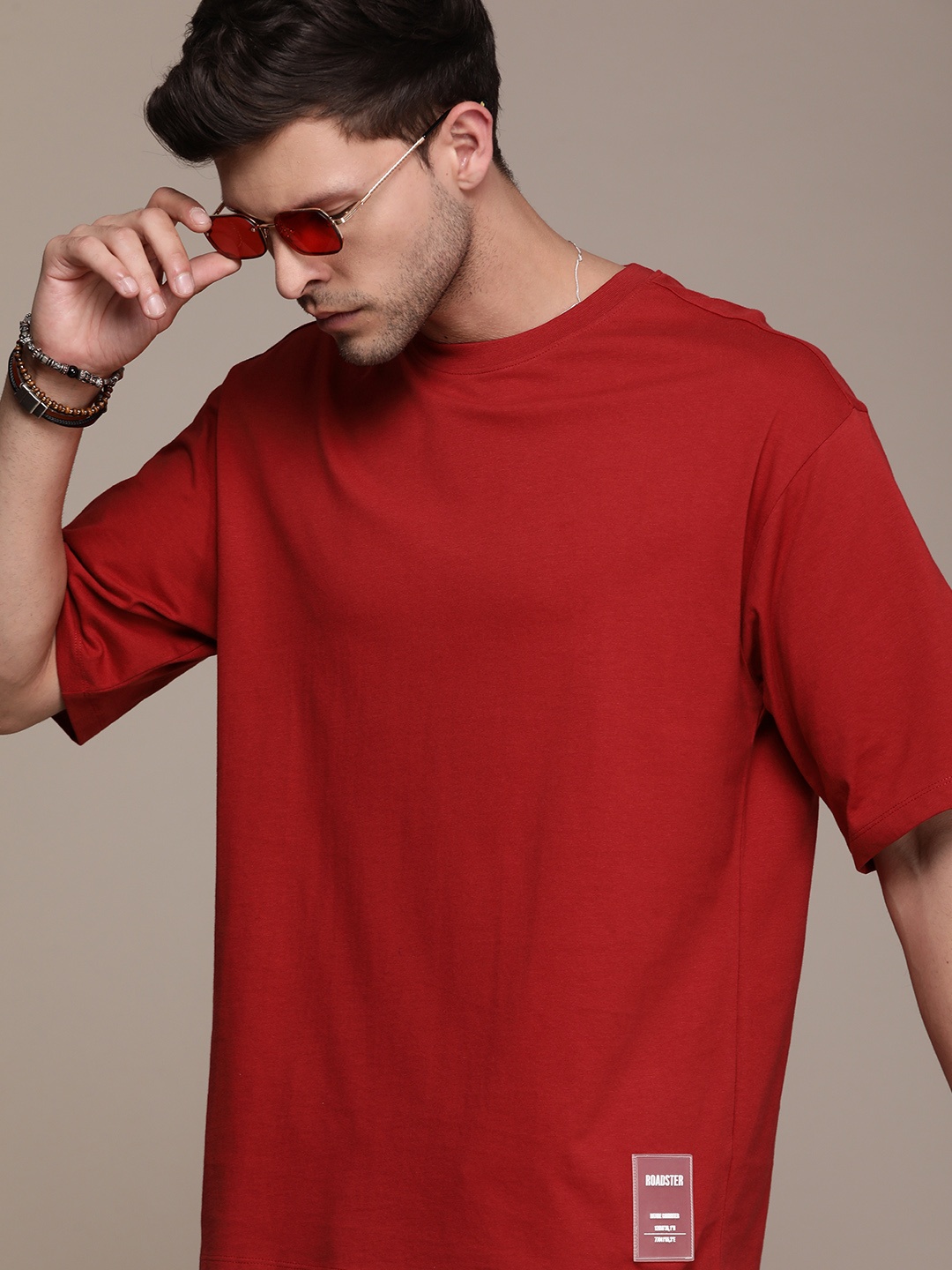 

The Roadster Life Co. Drop-Shoulder Sleeves Pure Cotton T-shirt, Red