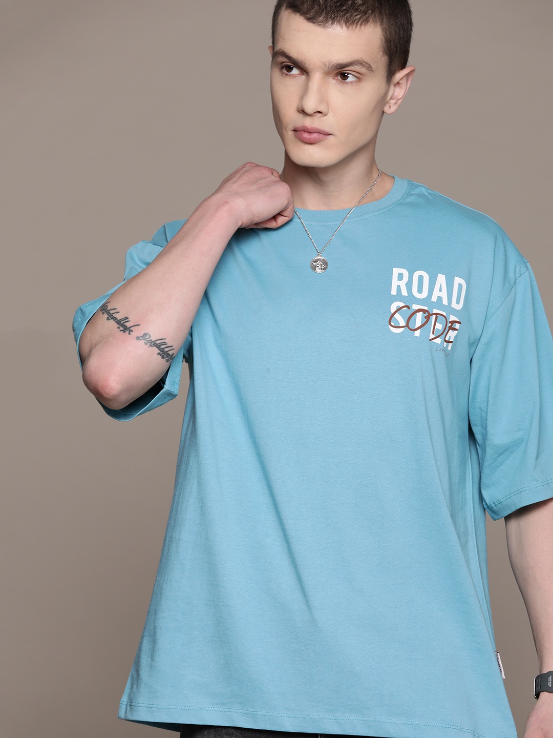 

The Roadster Lifestyle Co. Printed Pure Cotton Oversized T-shirt, Blue