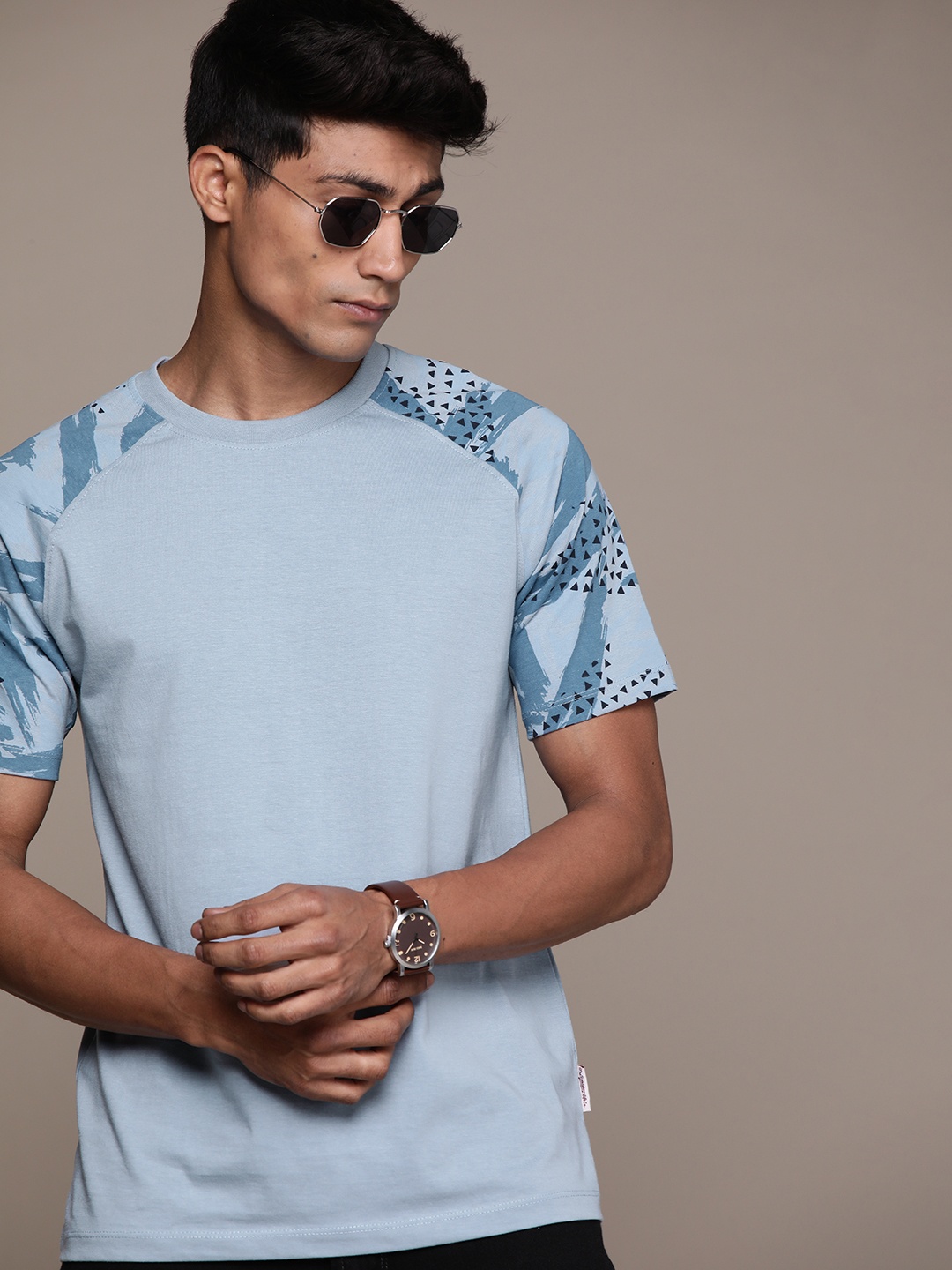

The Roadster Lifestyle Co. Printed Raglan Sleeves Pure Cotton T-shirt, Blue