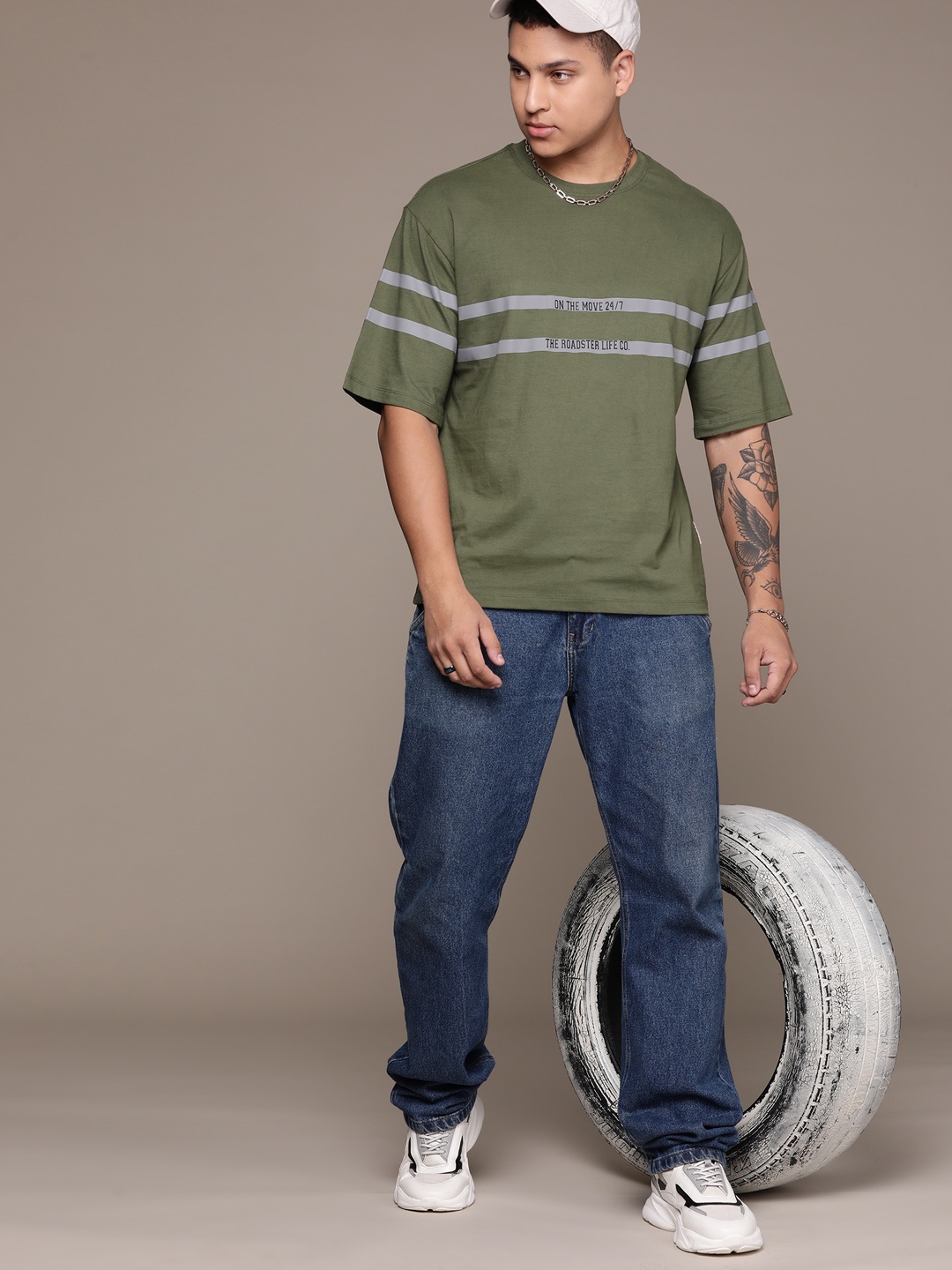 

The Roadster Lifestyle Co. Striped Drop-Shoulder Sleeves Pure Cotton T-shirt, Olive