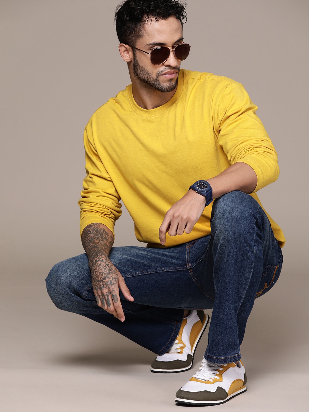 

The Roadster Lifestyle Co. Drop-Shoulder Sleeves Pure Cotton Oversized T-shirt, Mustard