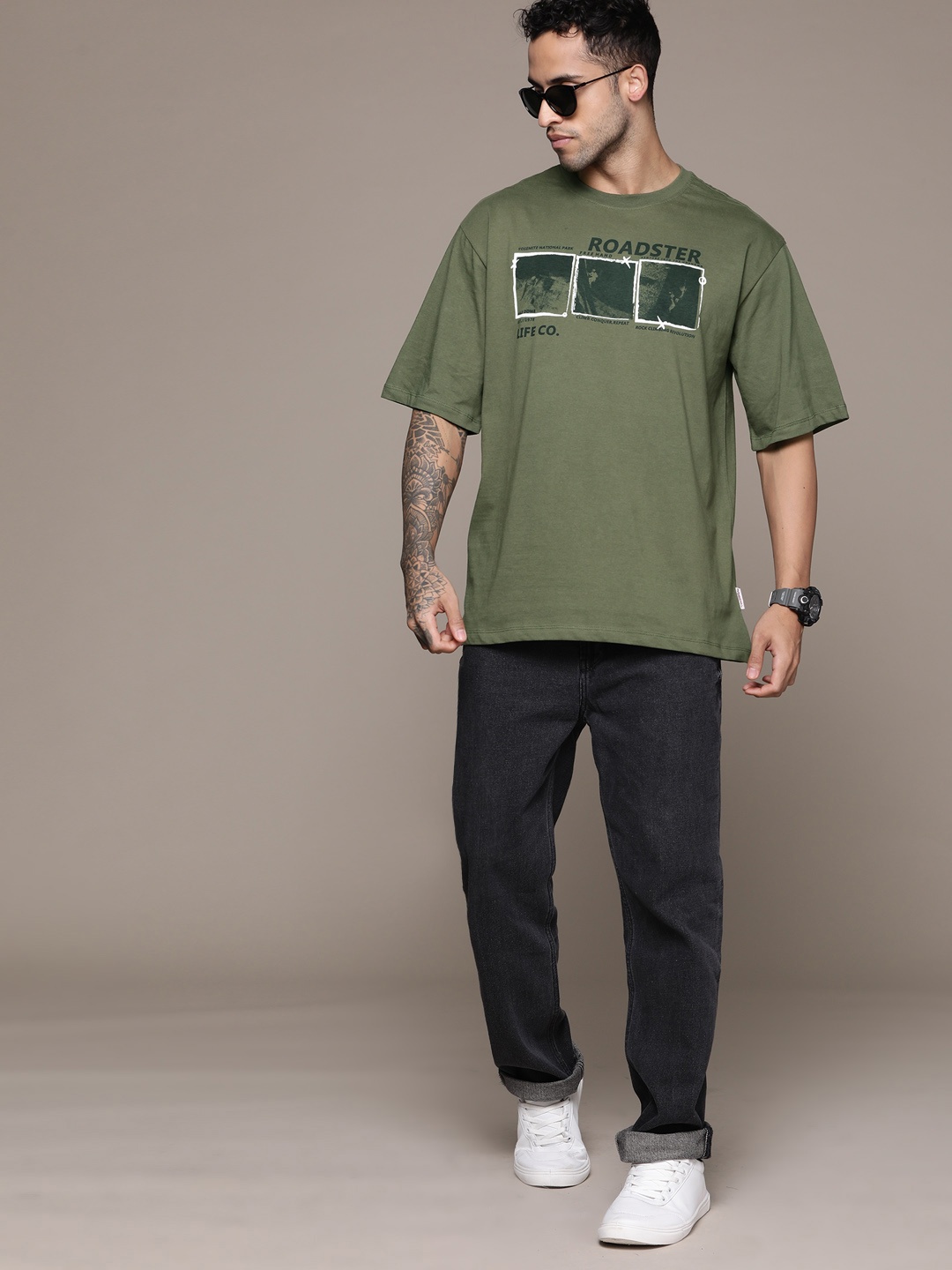 

The Roadster Lifestyle Co. Printed Oversized Pure Cotton T-shirt, Olive