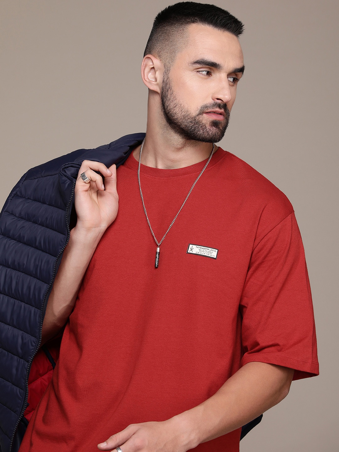 

The Roadster Life Co. Solid Drop-Shoulder Sleeves Pure Cotton Oversized T-shirt, Red