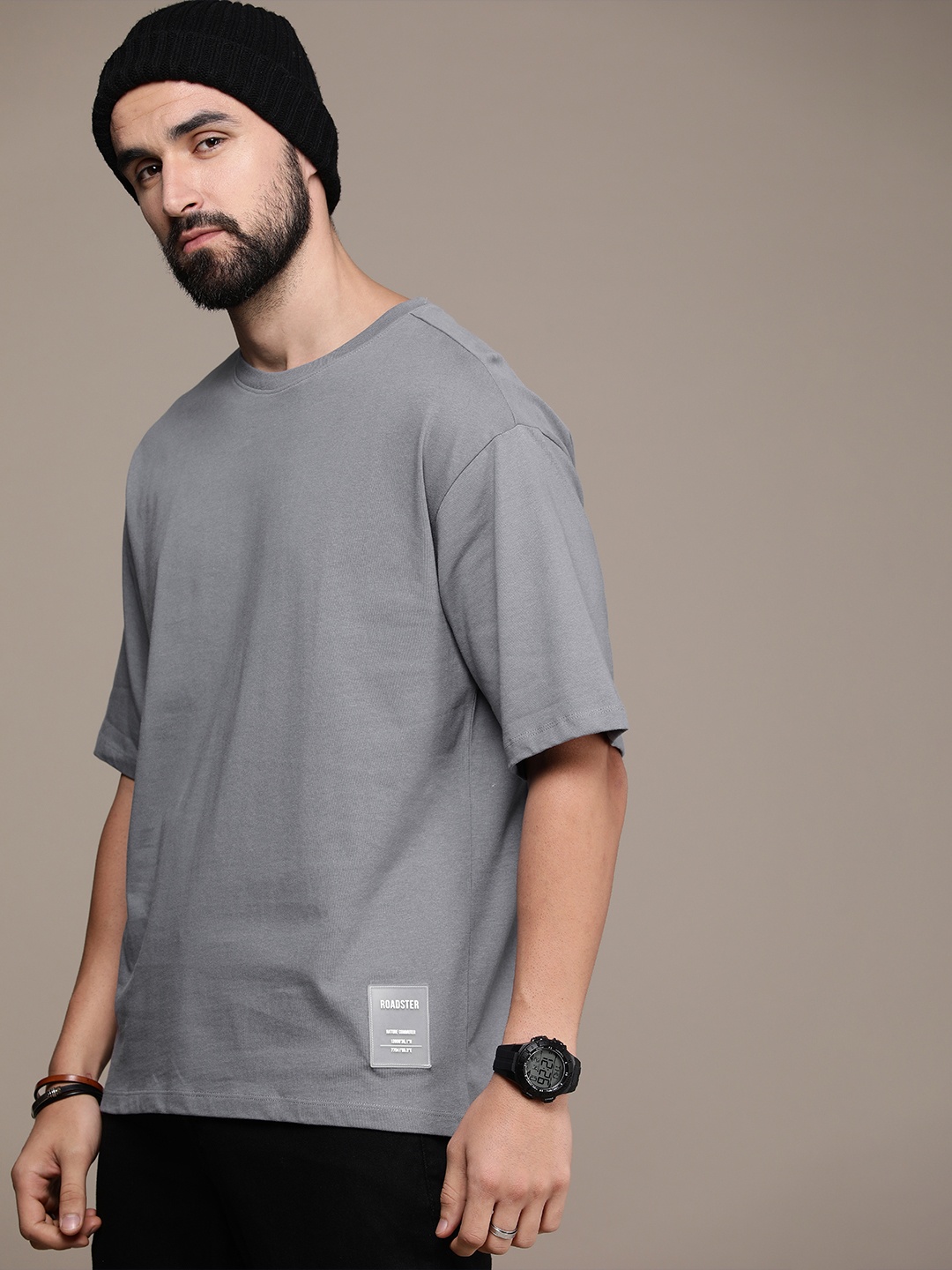 

The Roadster Life Co. Drop-Shoulder Pure Cotton T-shirt, Grey