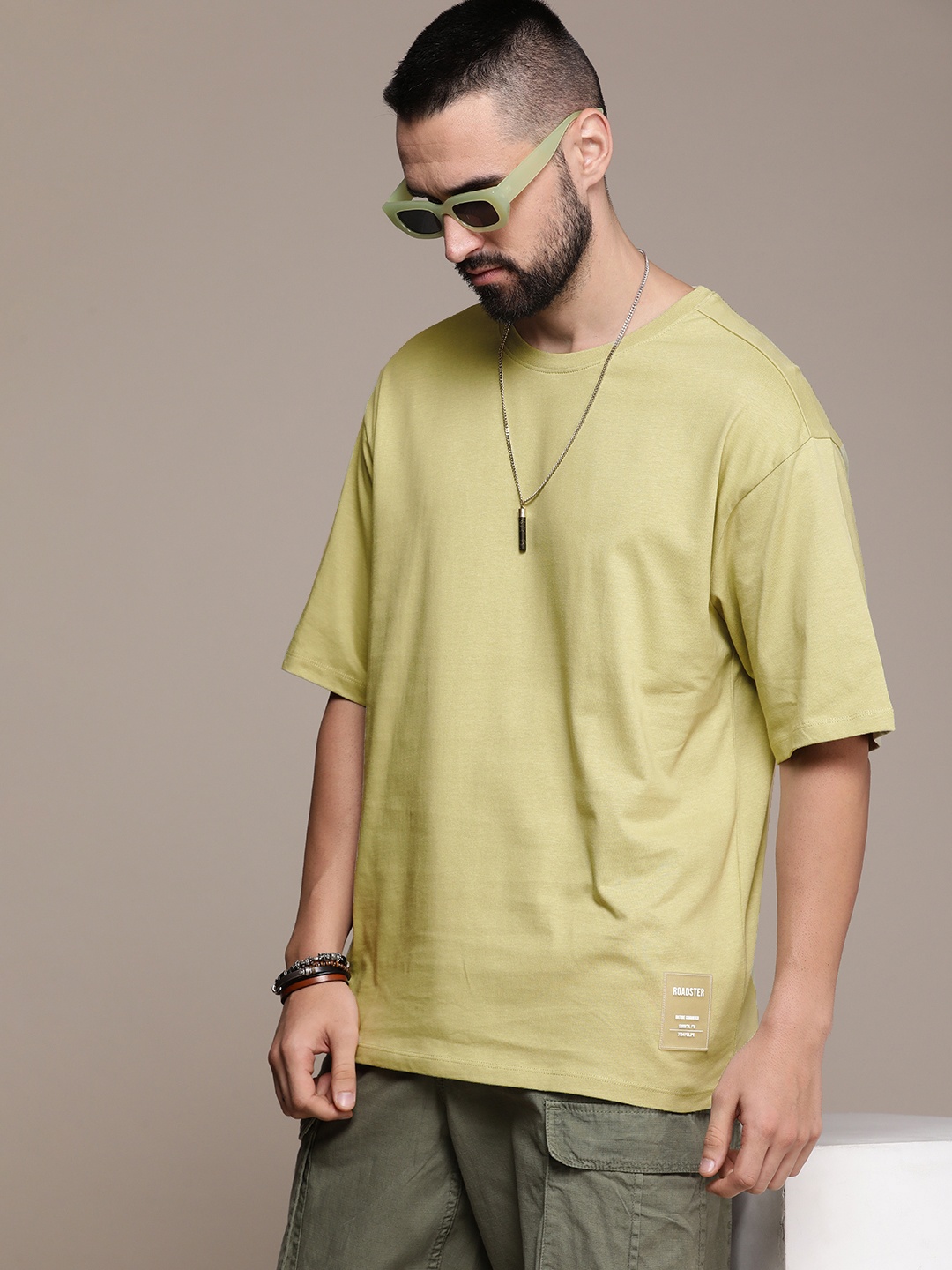 

The Roadster Life Co. Pure Cotton Solid Drop-Shoulder Sleeves Casual T-shirt, Olive