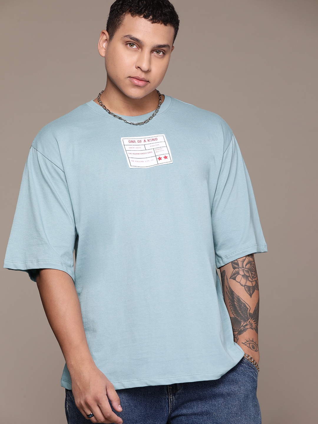 

The Roadster Lifestyle Co. Drop-Shoulder Sleeves Pure Cotton Applique T-shirt, Blue