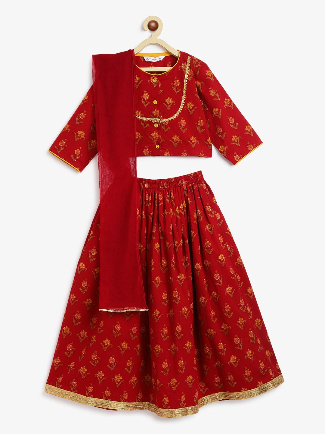 

Campana Girls Floral Printed Ready to Wear Cotton Lehenga & Blouse With Dupatta, Maroon