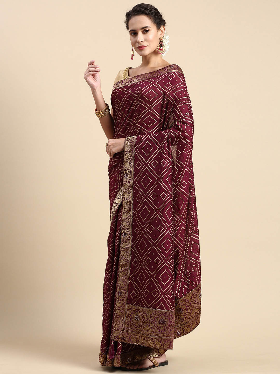 

Mitera Bandhani Printed Zari Saree, Purple