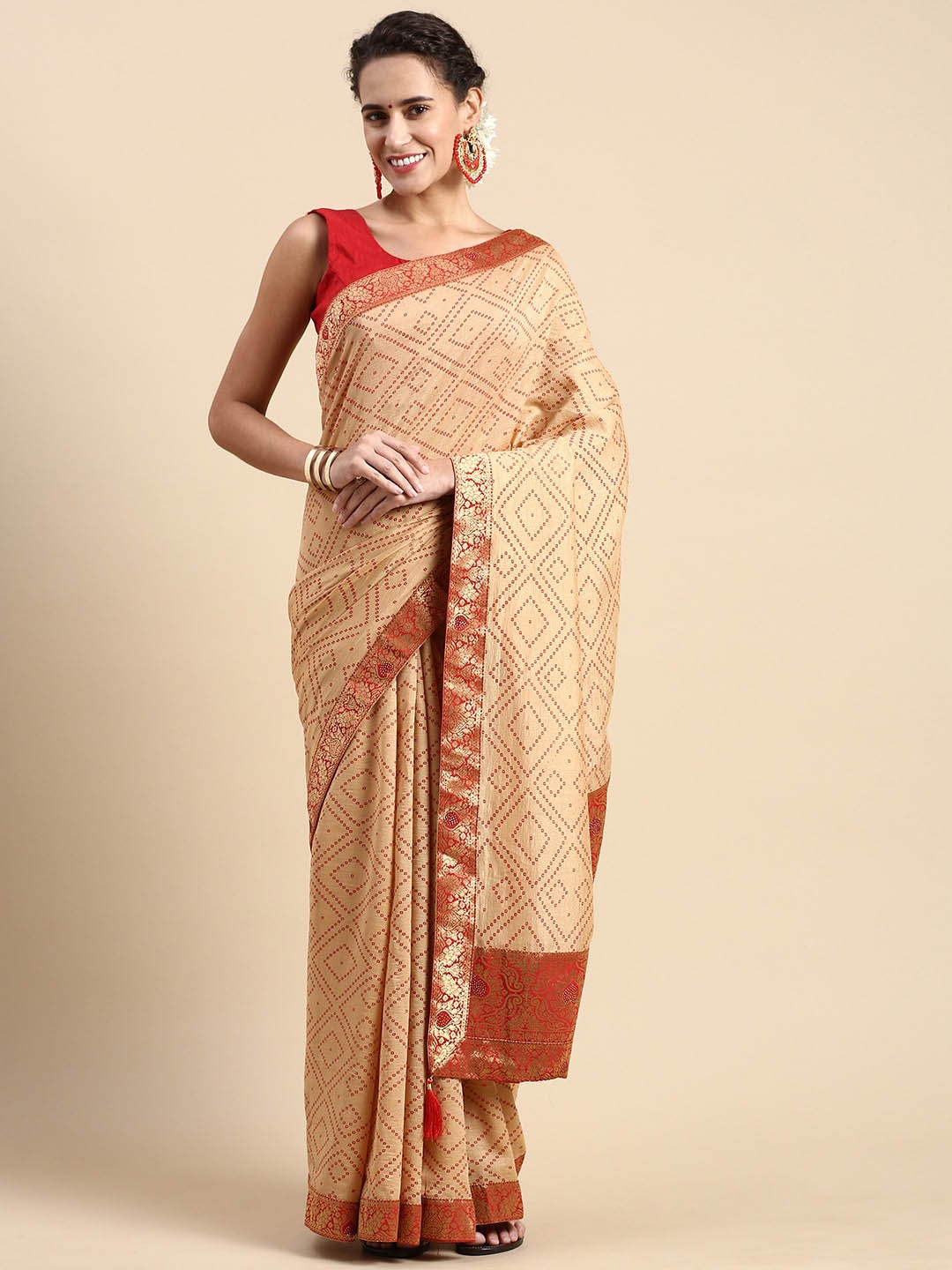

Mitera Bandhani Printed Zari Saree, Red