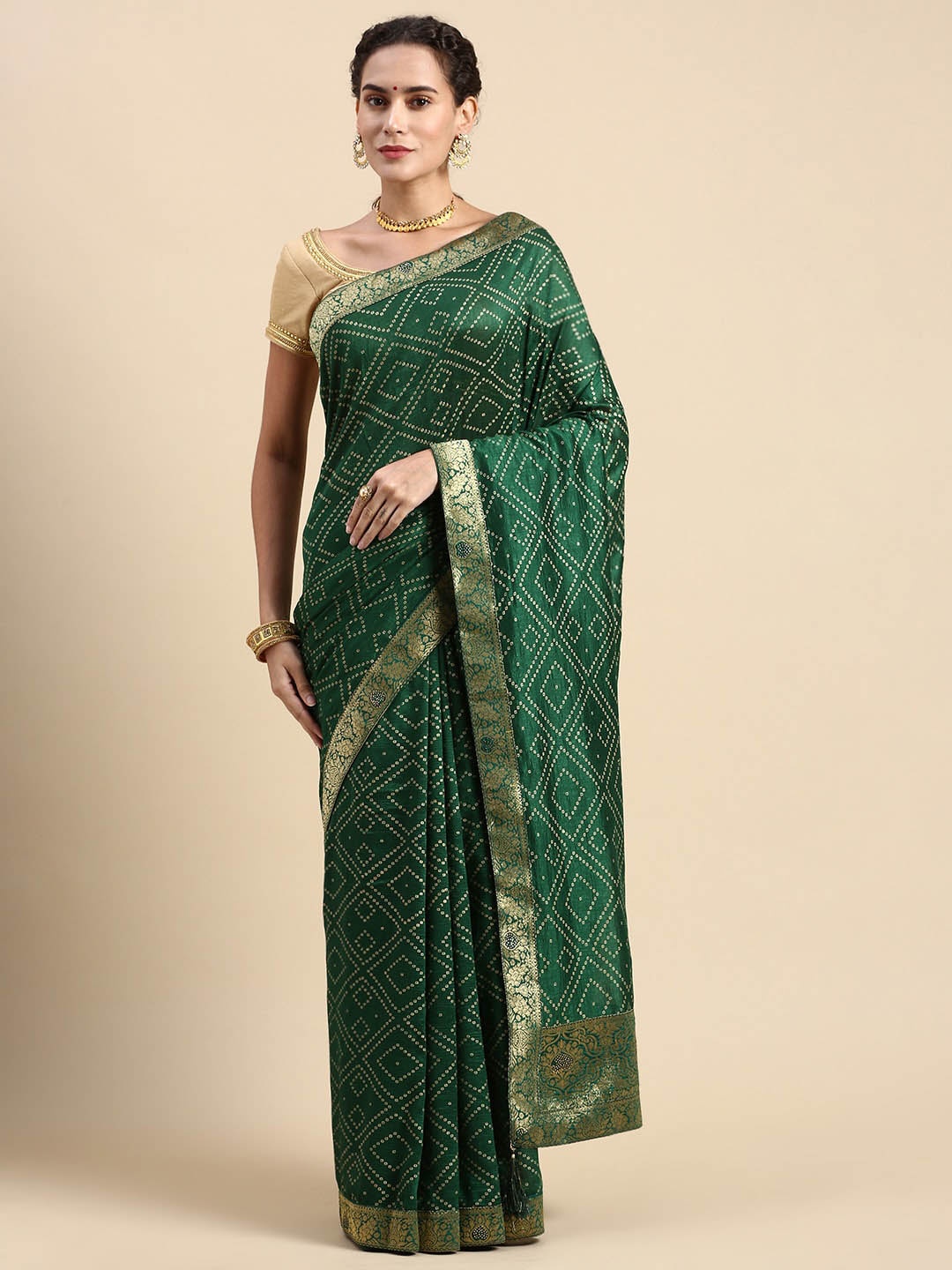 

Mitera Bandhani Printed Zari Saree, Green