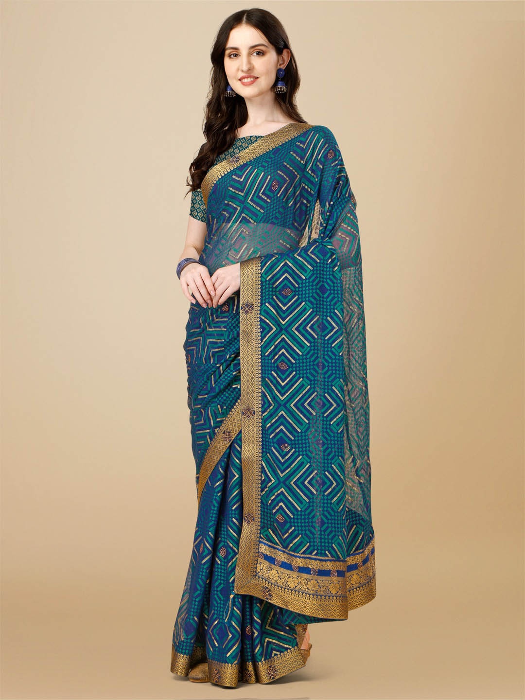 

Mitera Geometric Printed Zari Saree, Blue
