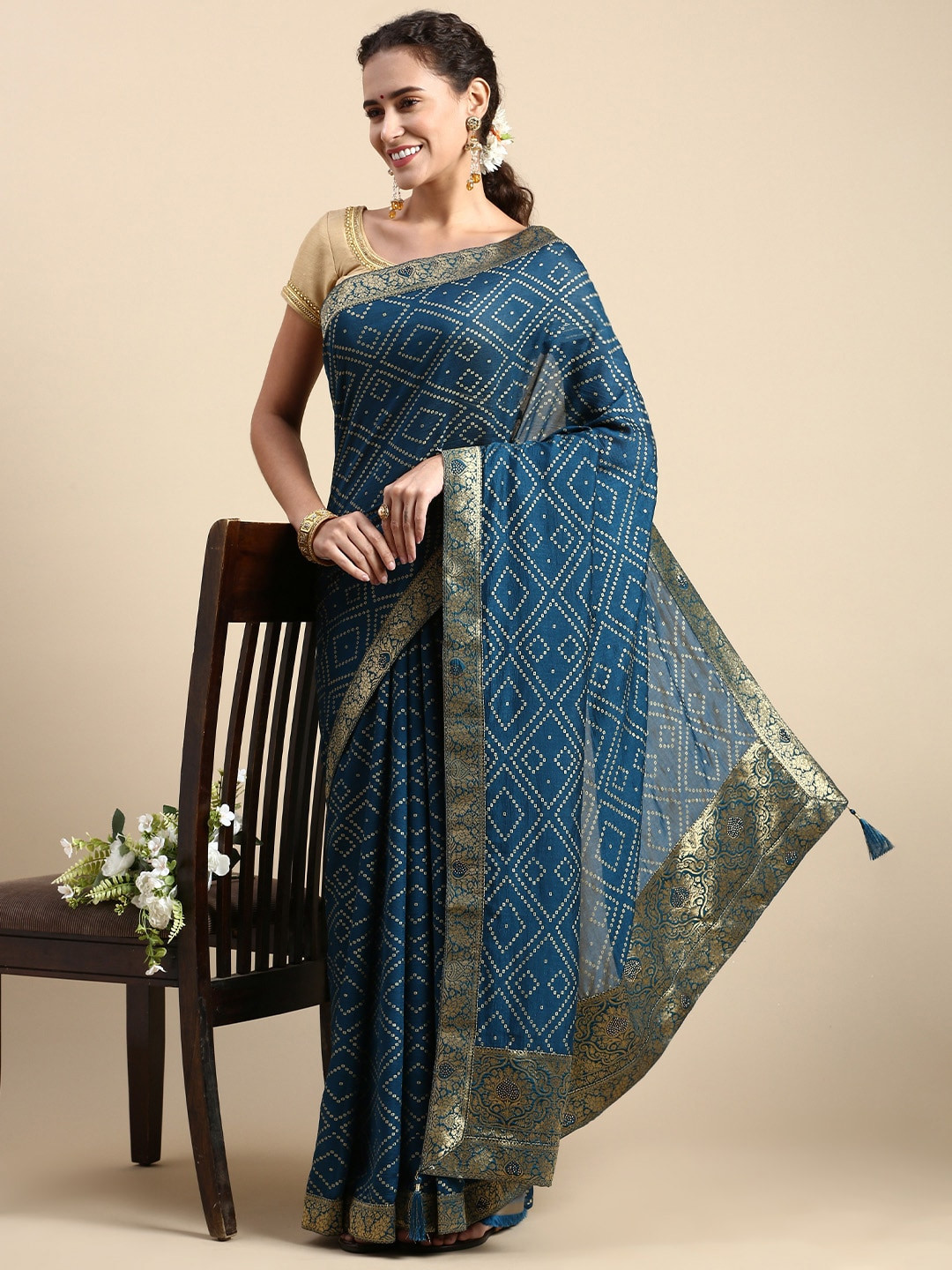 

Mitera Bandhani Printed Pure Silk Saree, Blue
