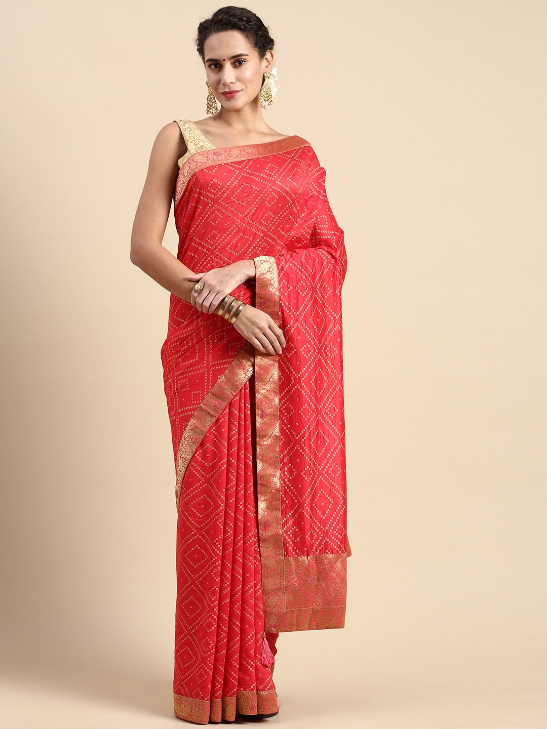 

Mitera Bandhani Printed Zari Pure Silk Saree, Pink