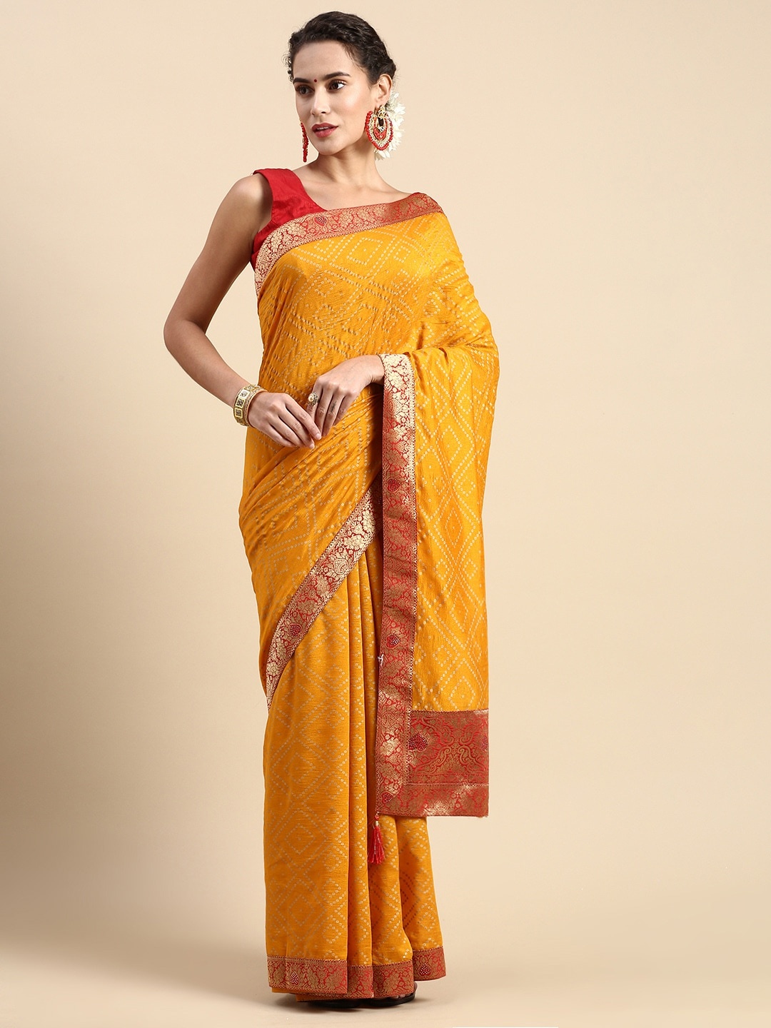 

Mitera Bandhani Printed Zari Pure Silk Saree, Yellow