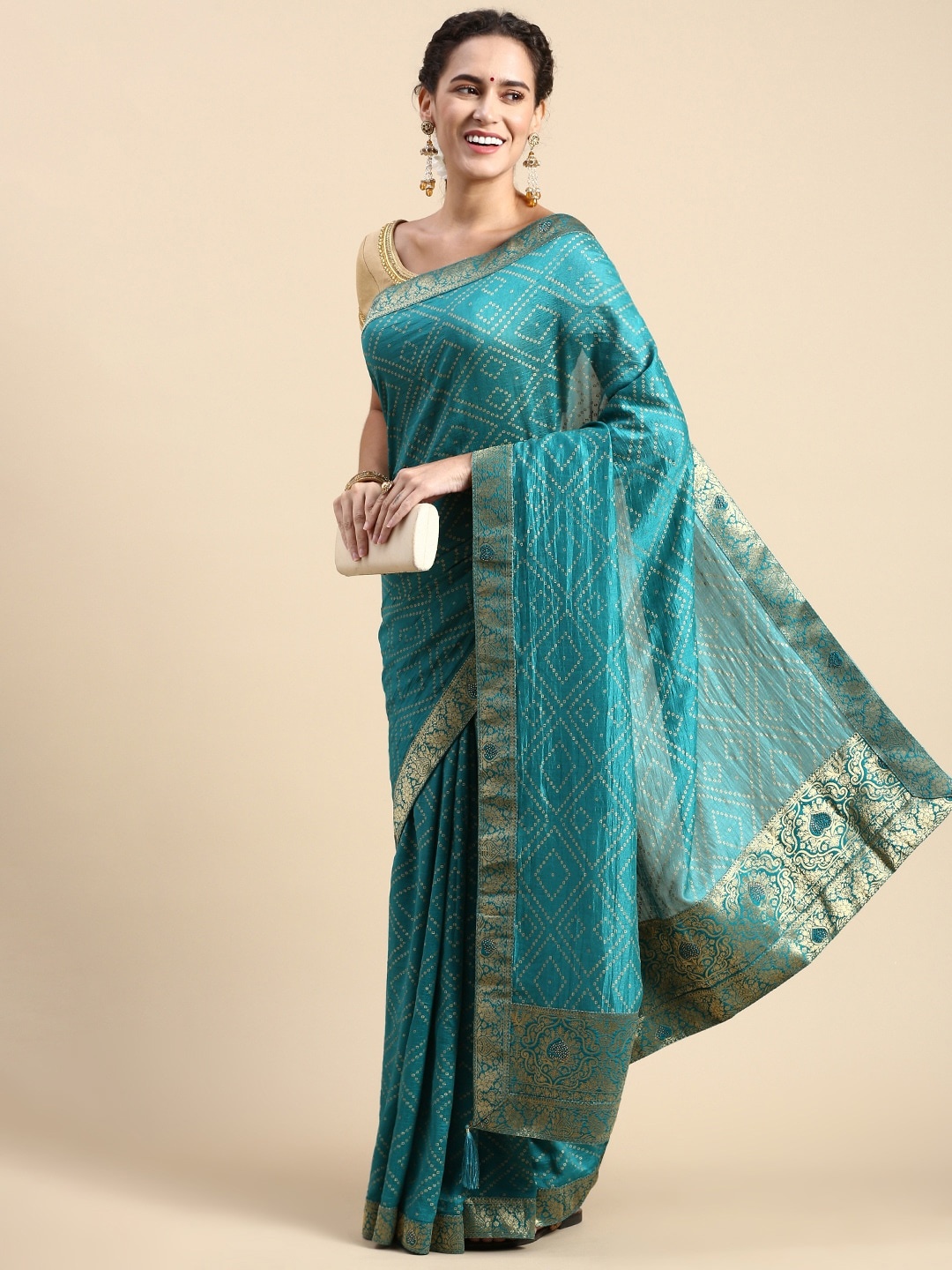 

Mitera Bandhani Printed Zari Pure Silk Saree, Turquoise blue