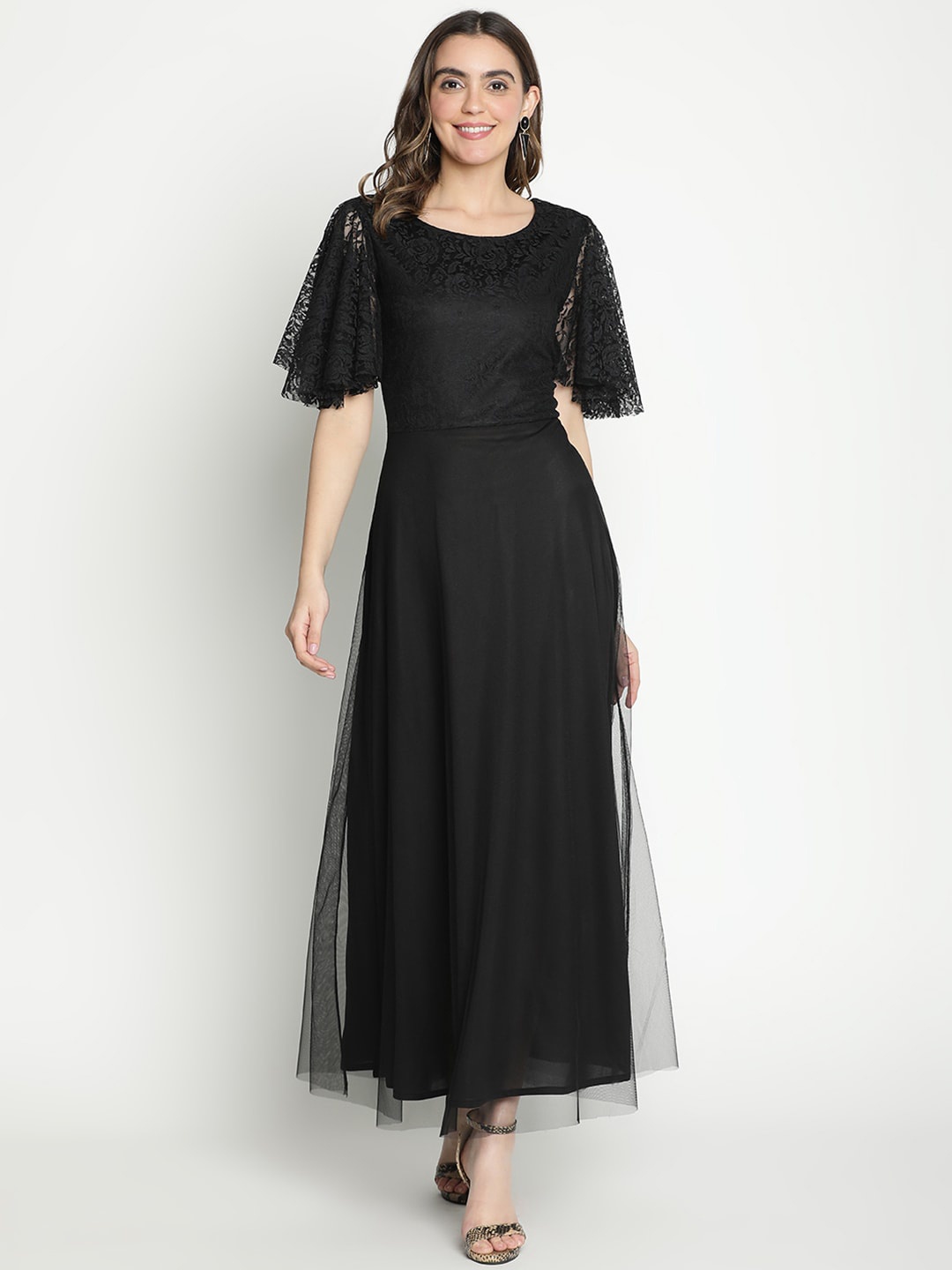 

DRAAX Fashions Self Design Flared Sleeve Maxi Dress, Black