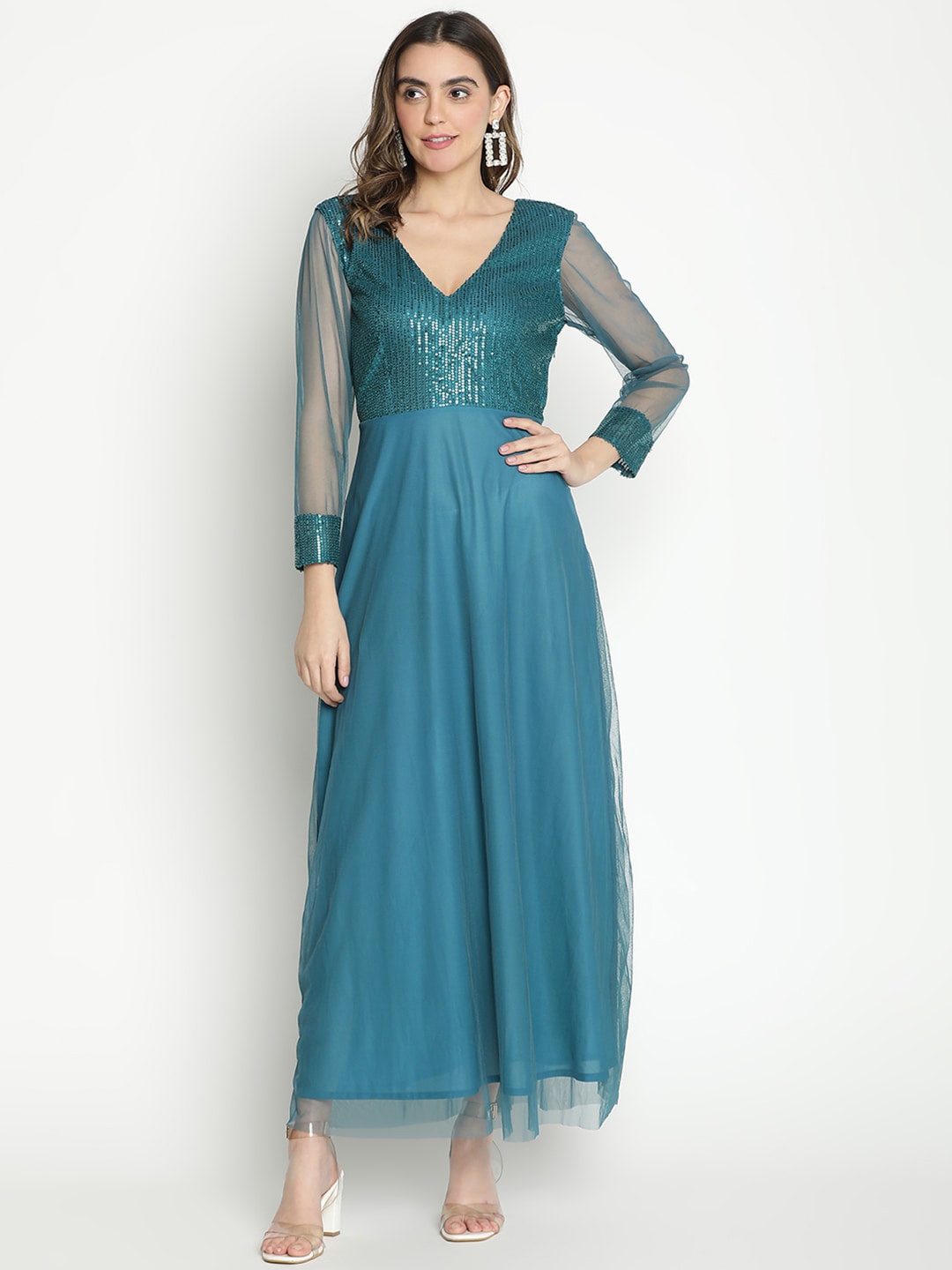 

DRAAX Fashions V-Neck Embellished Maxi Dress, Blue