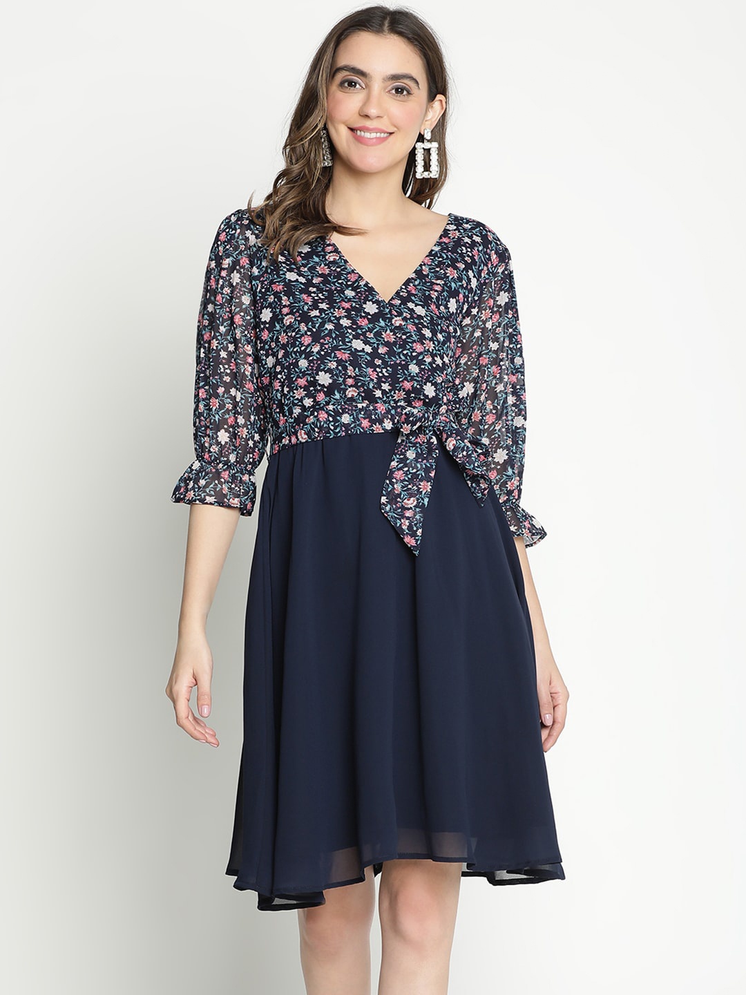 

DRAAX Fashions Floral Printed V-Neck Crepe A-Line Dress, Navy blue