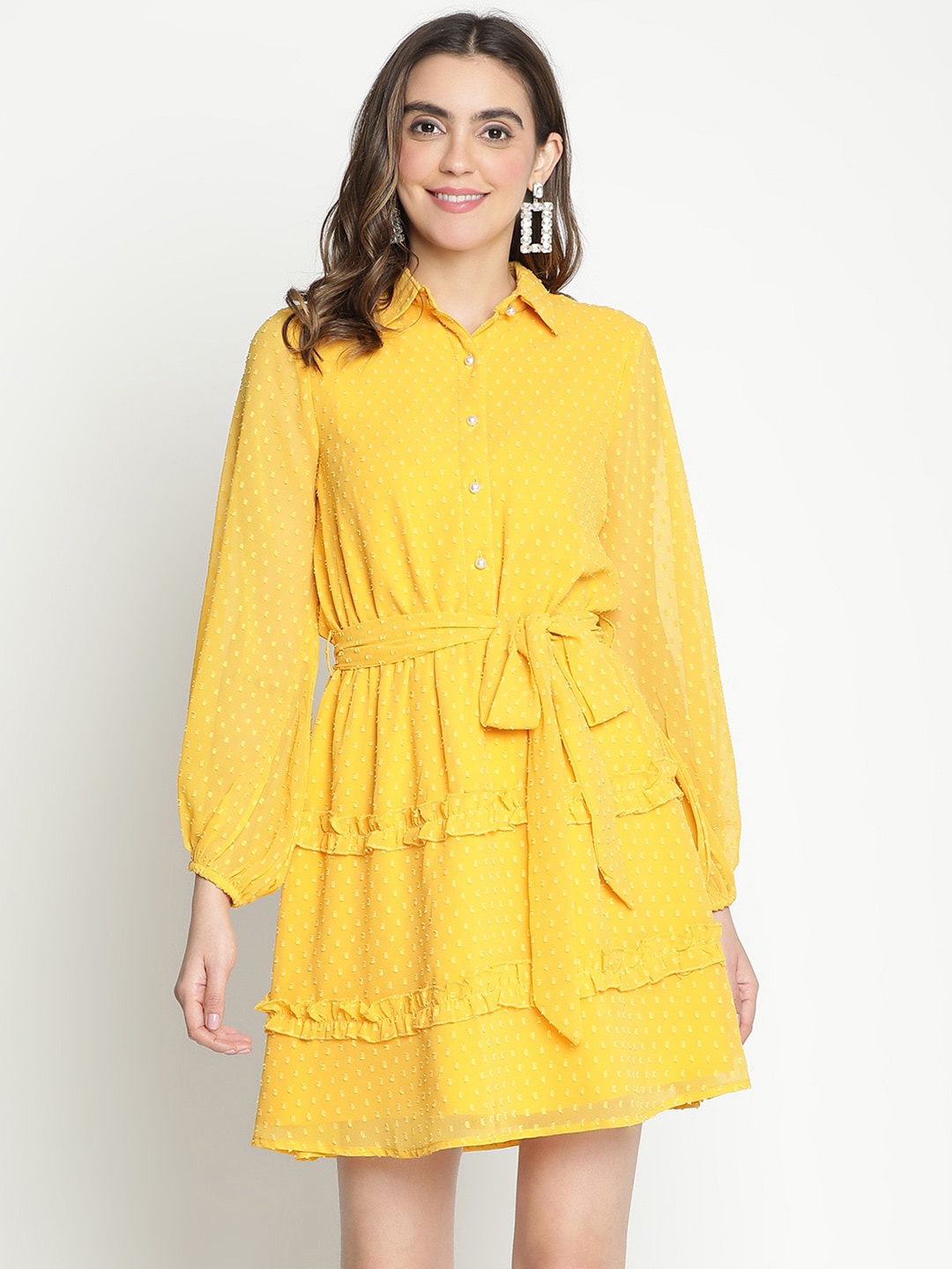 

DRAAX Fashions Self Design Shirt Collar Crepe A-Line Dress, Yellow