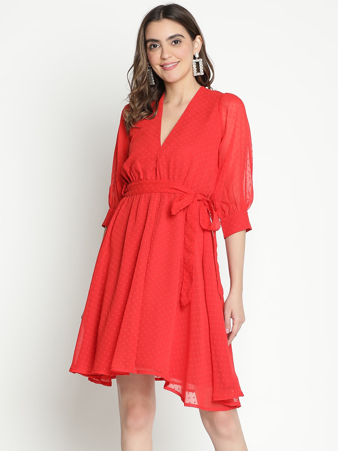 

DRAAX Fashions Self Design V-Neck Puff Sleeve Fit & Flare Dress, Red