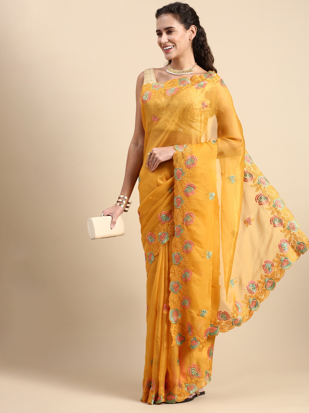 

Mitera Floral Embroidered Organza Saree, Yellow