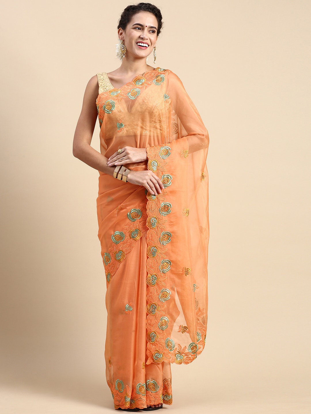 

Mitera Orange & Blue Floral Embroidered Organza Saree