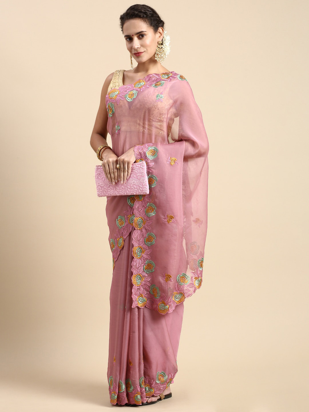 

Mitera Floral Embroidered Organza Saree, Purple