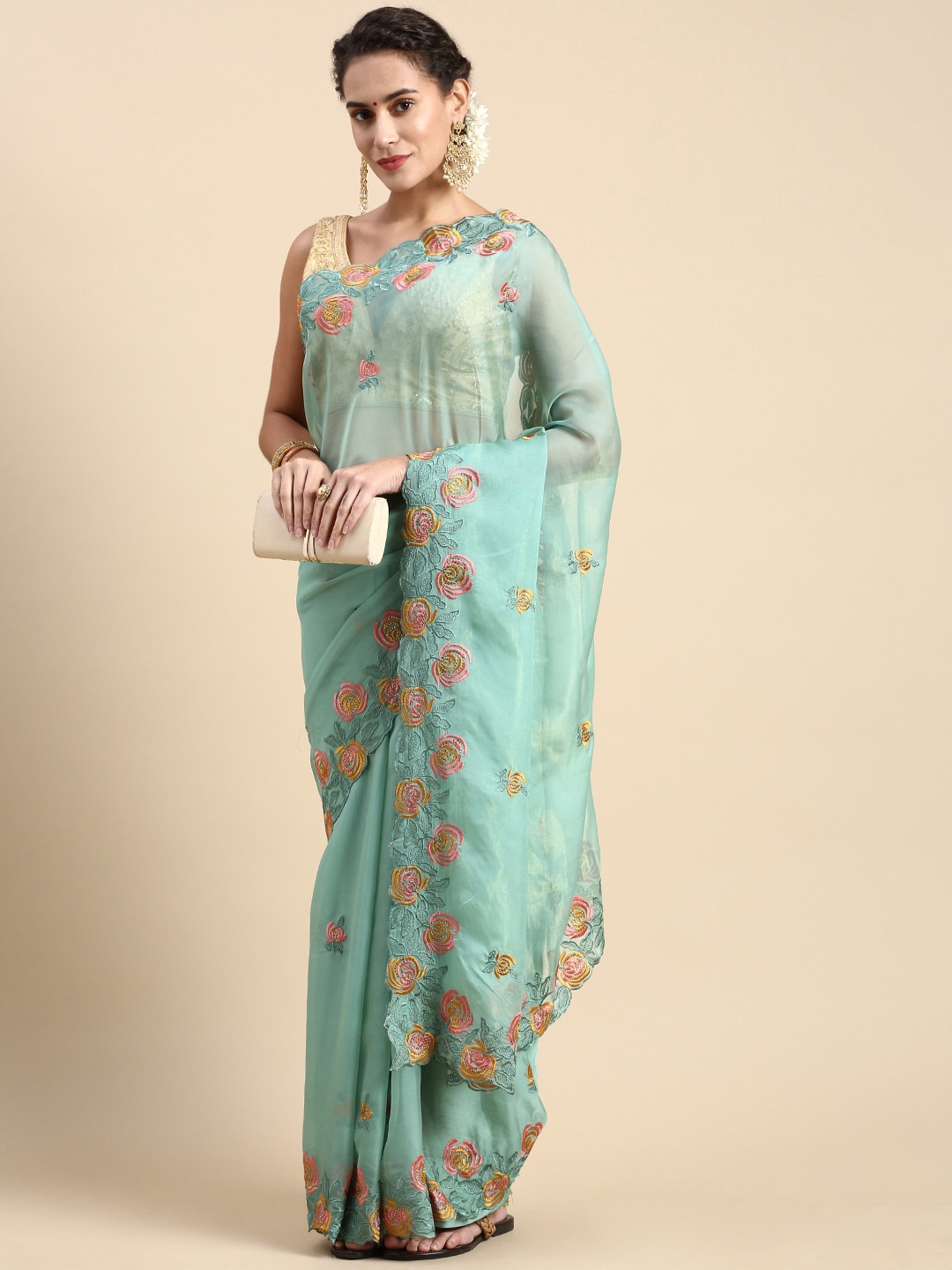 

Mitera Turquoise Blue & Pink Floral Embroidered Organza Saree