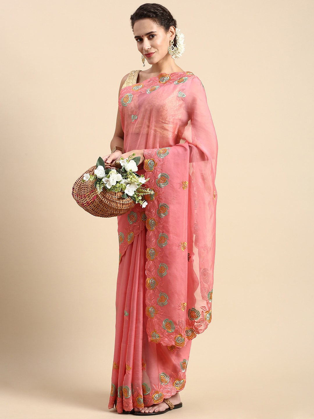 

Mitera Floral Embroidered Organza Saree, Pink