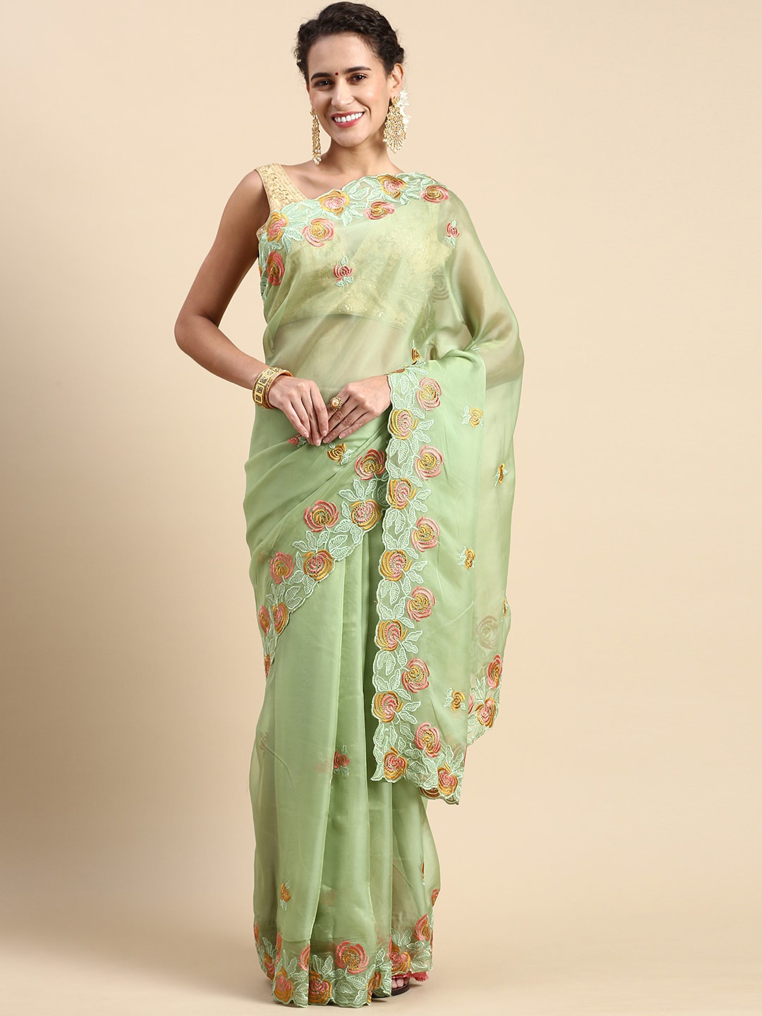 

Mitera Floral Embroidered Saree, Green