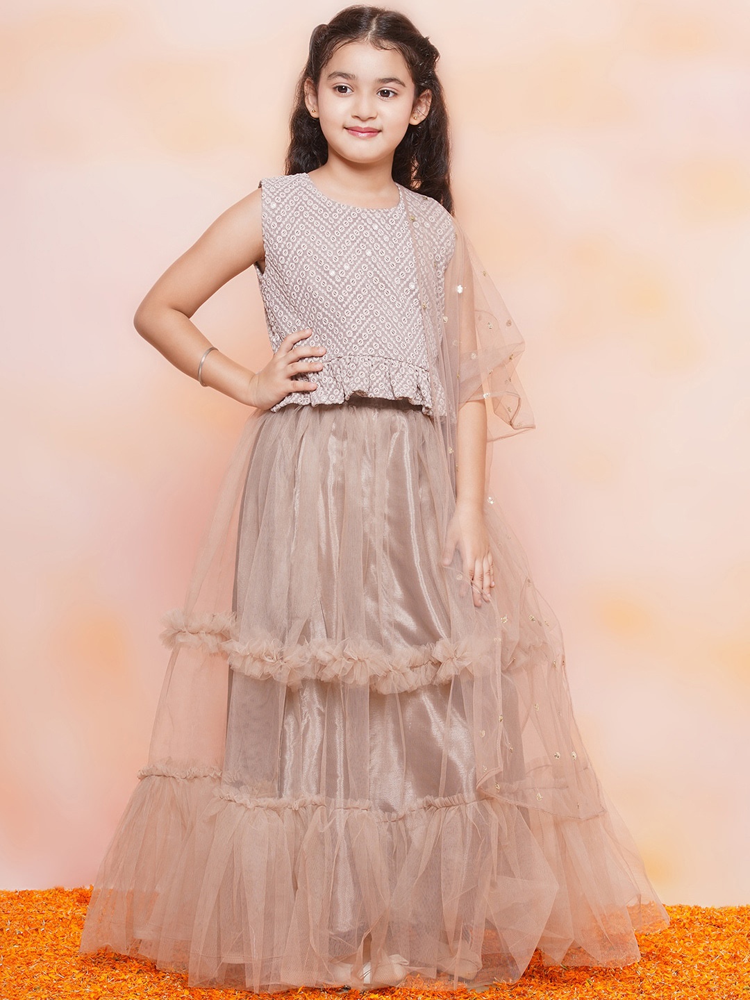 

Aj DEZInES Girls Embroidered Ready to Wear Lehenga & Blouse With Dupatta, Beige