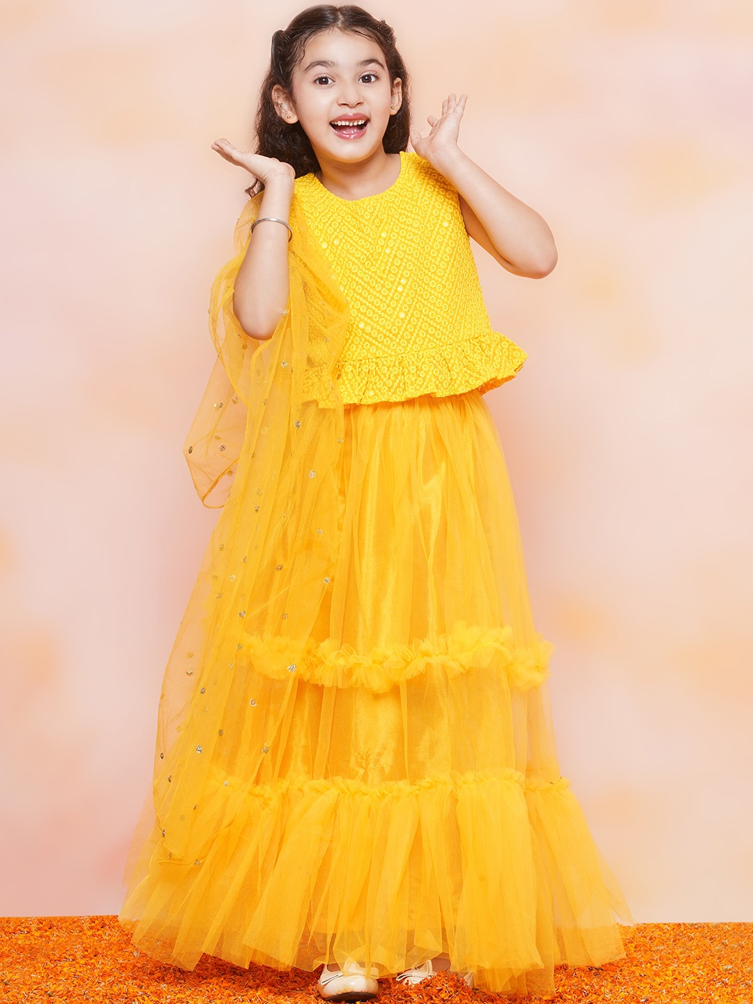 

Aj DEZInES Girls Embroidered Ready to Wear Lehenga & Blouse With Dupatta, Yellow