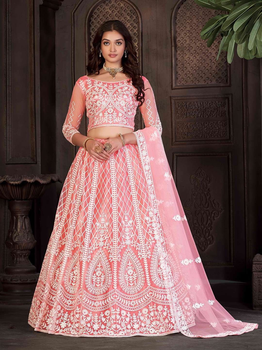 

Atsevam Ethnic Motifs Embroidered Thread Work Semi-Stitched Lehenga Choli, Peach