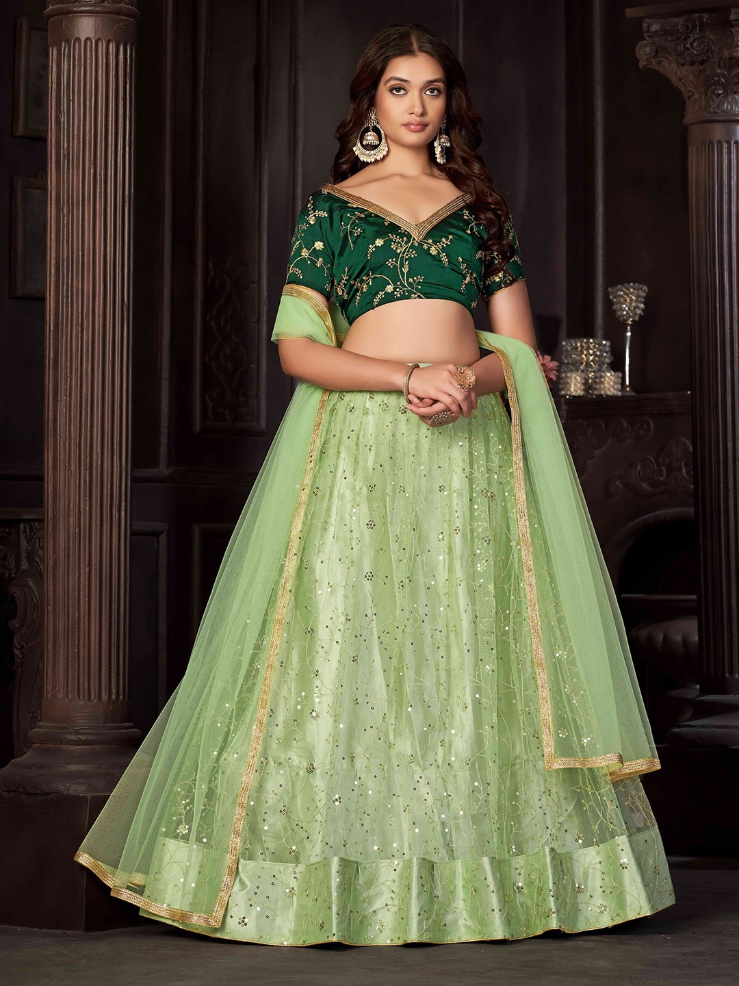 

Atsevam Ethnic Motifs Embroidered Thread Work Semi-Stitched Lehenga Choli, Green