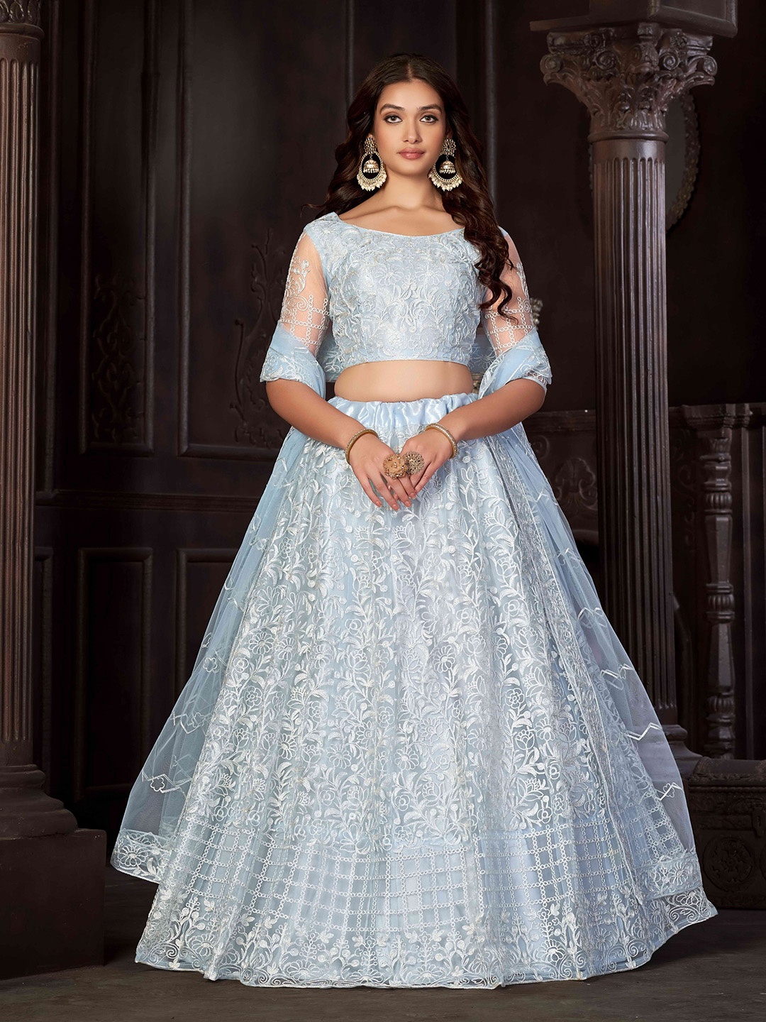 

Atsevam Ethnic Motifs Embroidered Thread Work Semi-Stitched Lehenga Choli, Blue