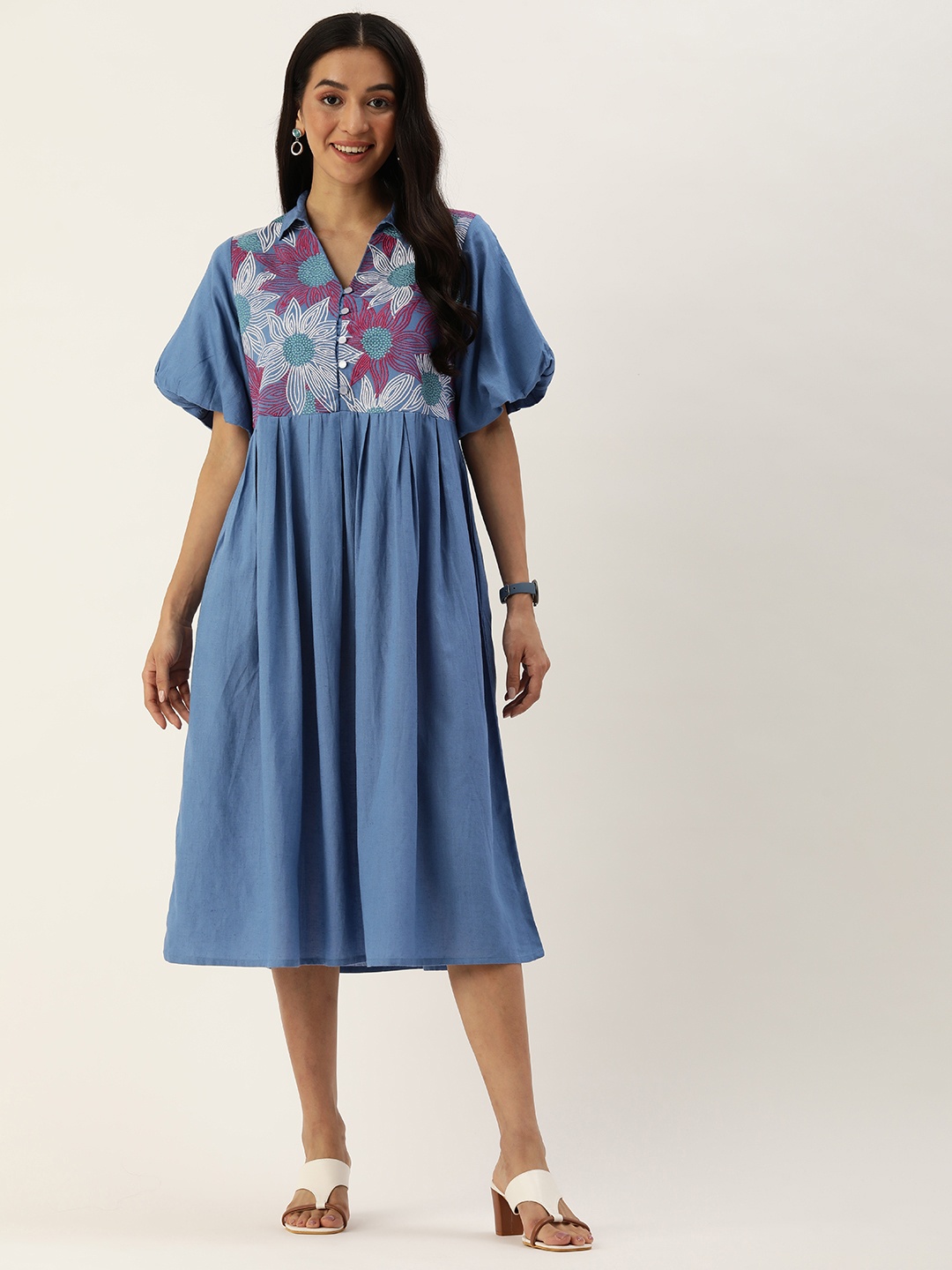 

MISRI Floral Print Flared Sleeve A-Line Midi Dress, Blue