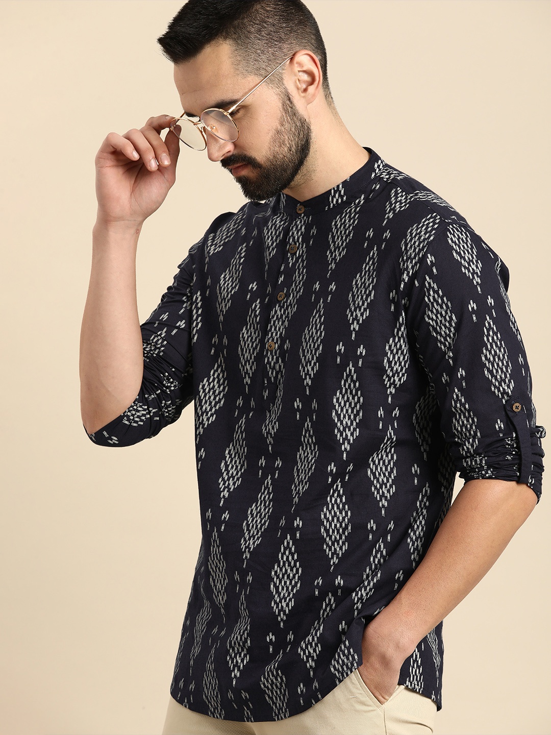 

Anouk Men Ethnic Motifs Printed Block Print Kurta, Navy blue