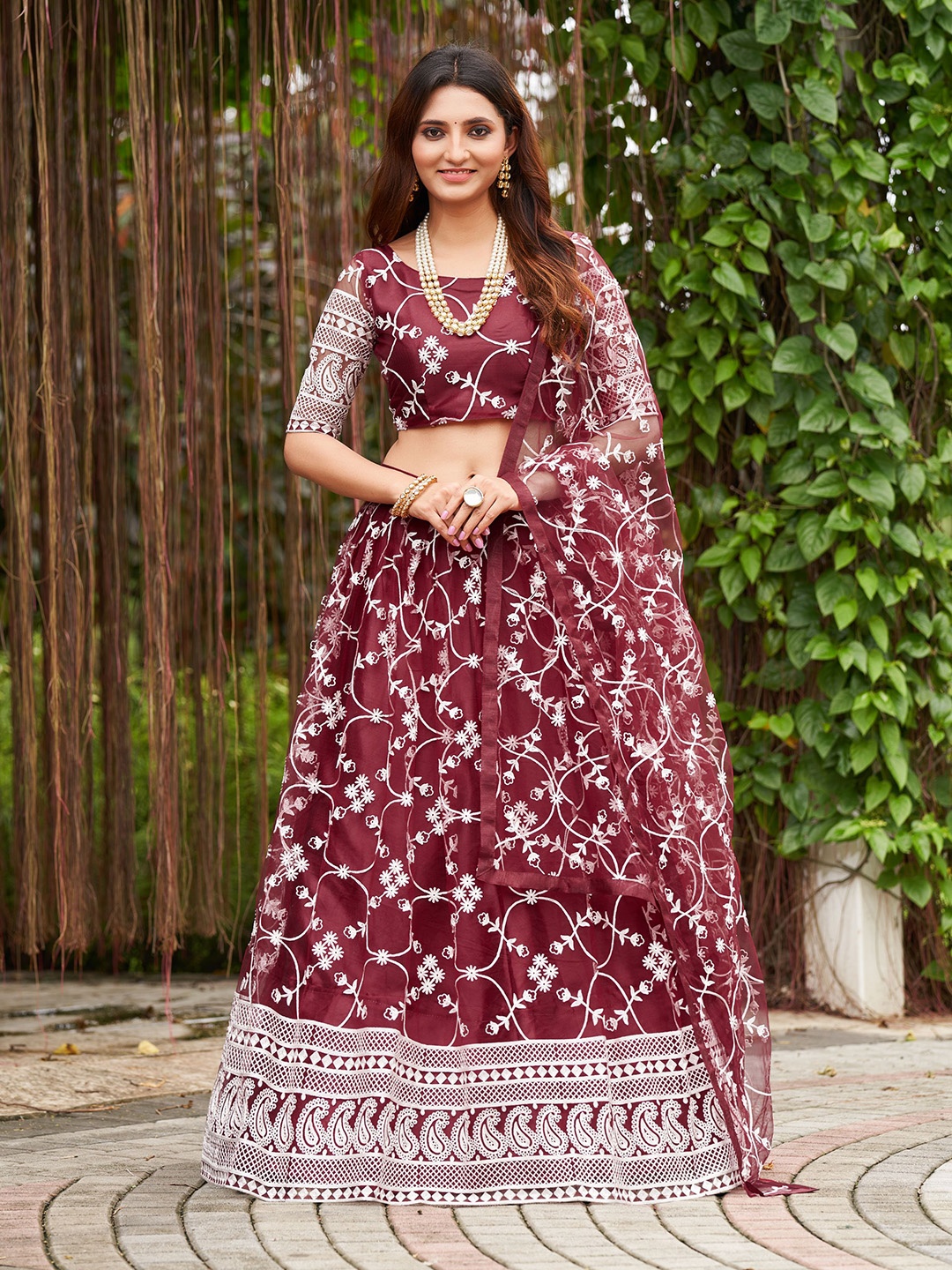 

KALINI Embroidered Thread Work Semi-Stitched Lehenga & Unstitched Blouse With Dupatta, Maroon