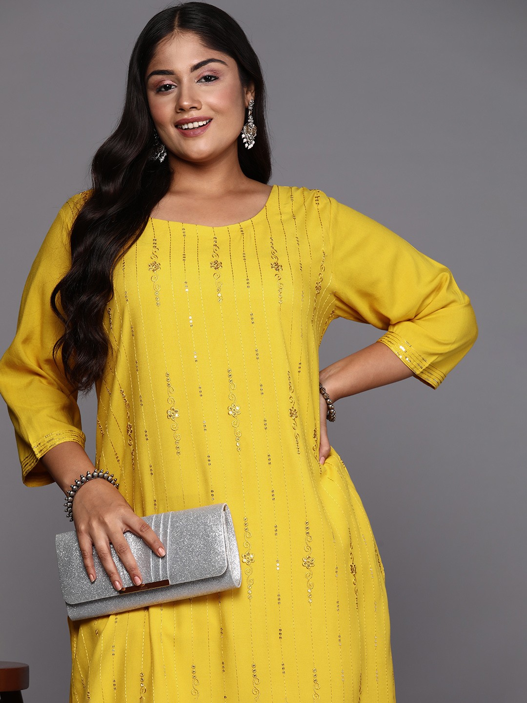 

EXTRA LOVE BY LIBAS Women Plus Size Embroidered Sequinned Kurta, Mustard
