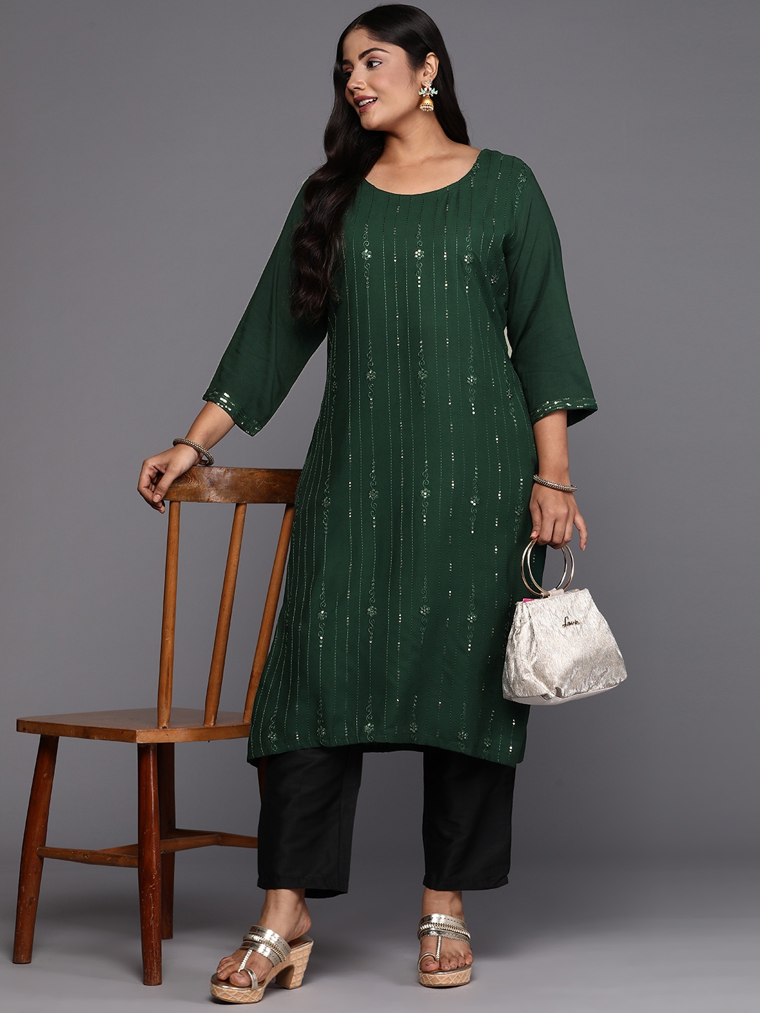 EXTRA LOVE BY LIBAS Plus Size Embroidered Sequinned Kurta, Green