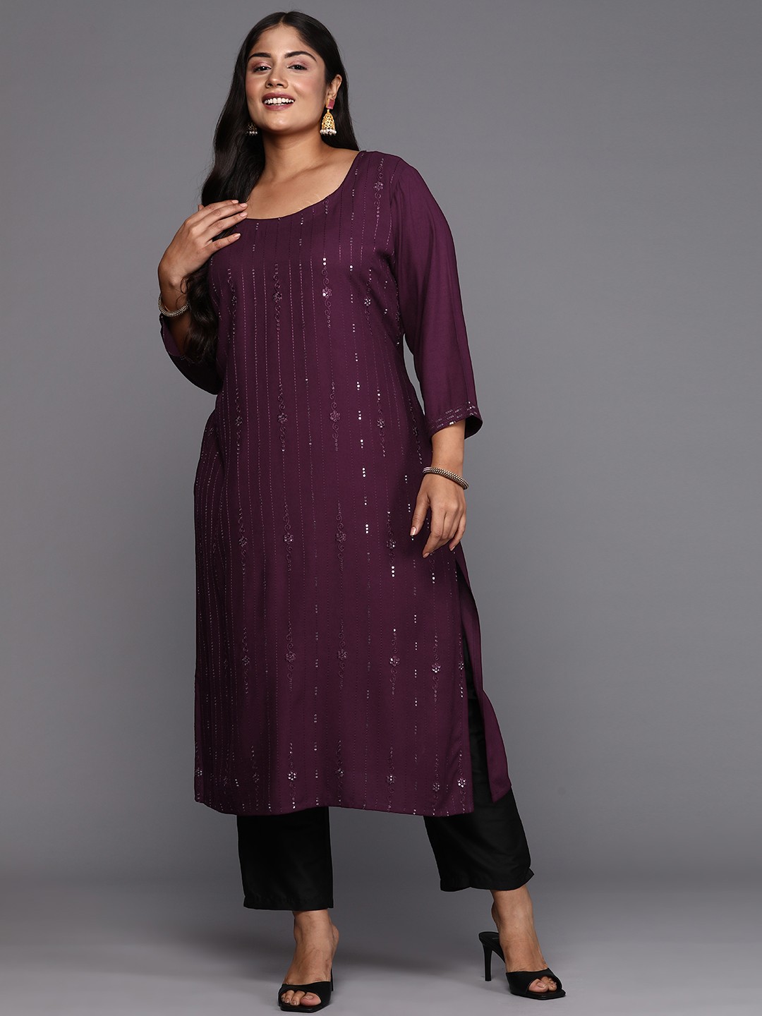 

EXTRA LOVE BY LIBAS Plus Size Embroidered Sequinned Kurta, Burgundy