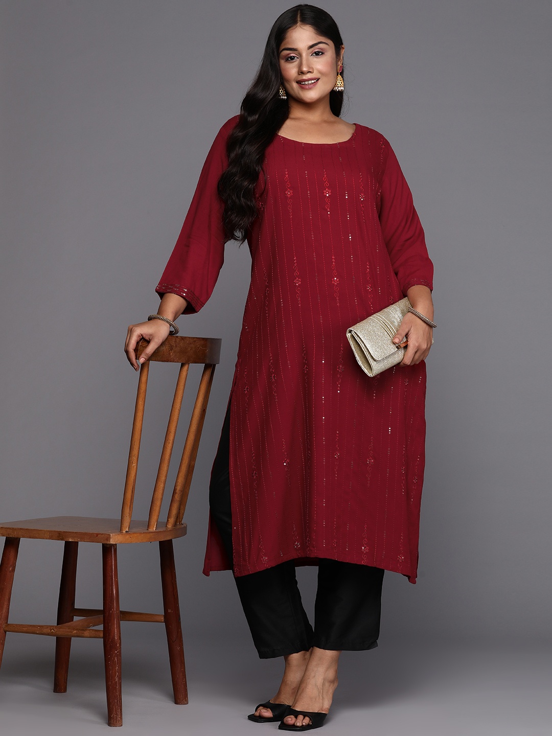 

EXTRA LOVE BY LIBAS Plus Size Embroidered Sequinned Floral Kurta, Maroon