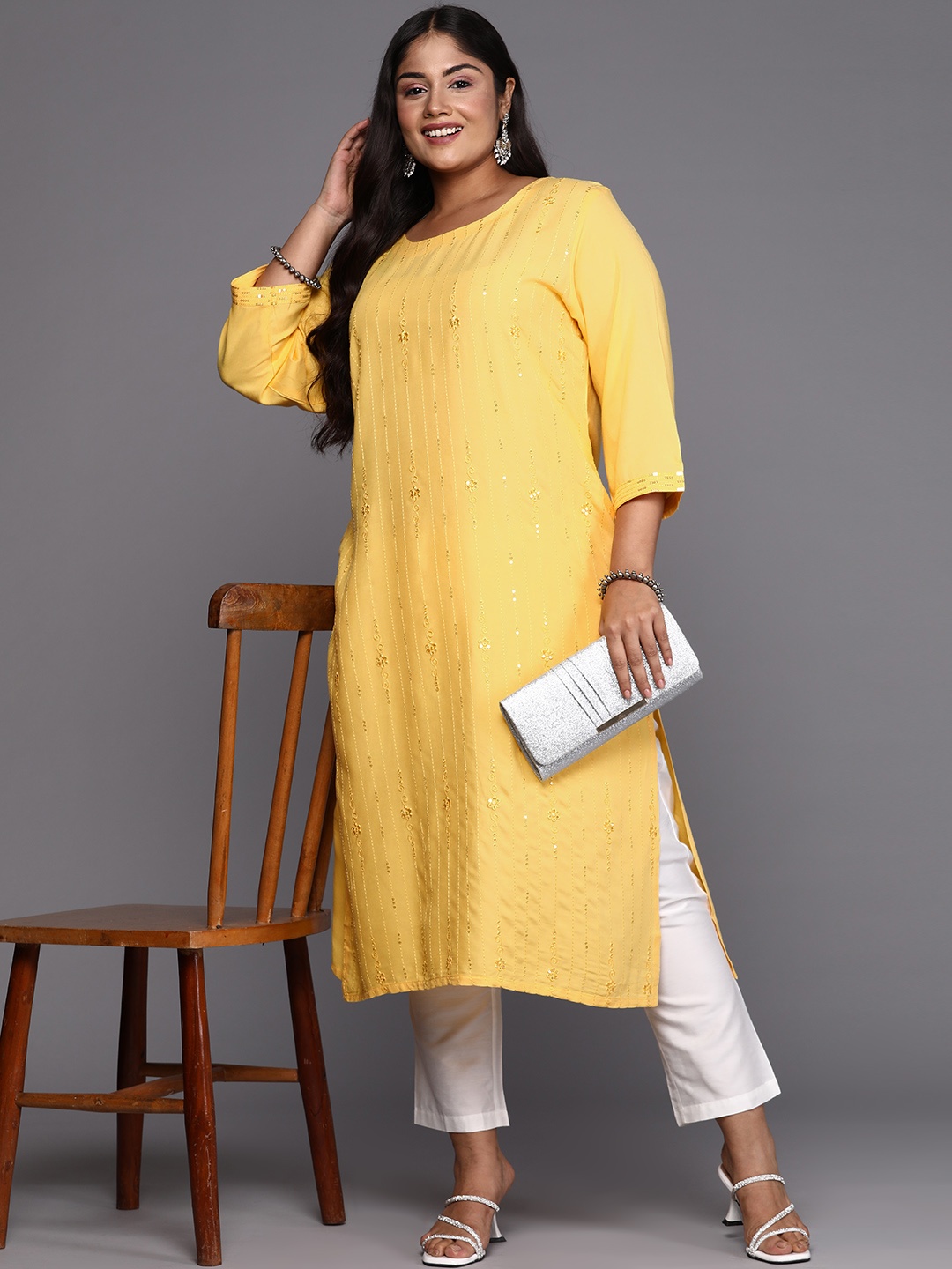 

EXTRA LOVE BY LIBAS Plus Size Embroidered Thread Work Kurta, Yellow