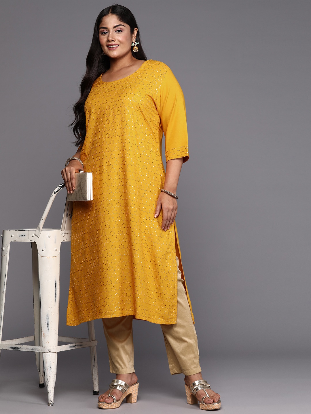 

EXTRA LOVE BY LIBAS Plus Size Embellished Sequinned Kurta, Mustard