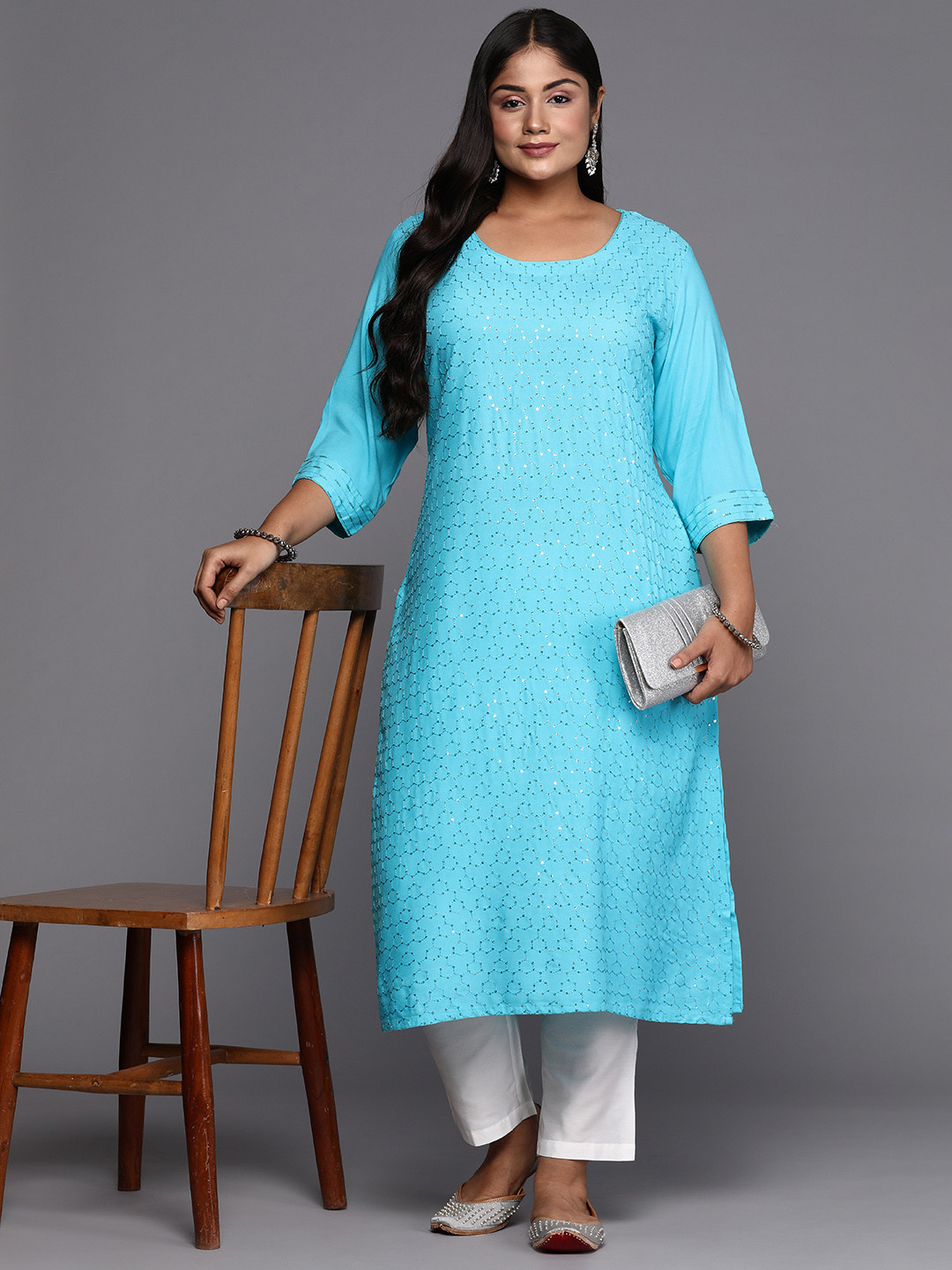 

EXTRA LOVE BY LIBAS Women Plus Size Embellished Sequinned Kurta, Blue